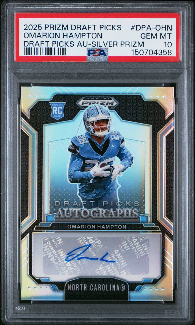 Omarion Hampton RC 2025 Panini Prizm Draft Silver Rookie Auto PSA 10-1