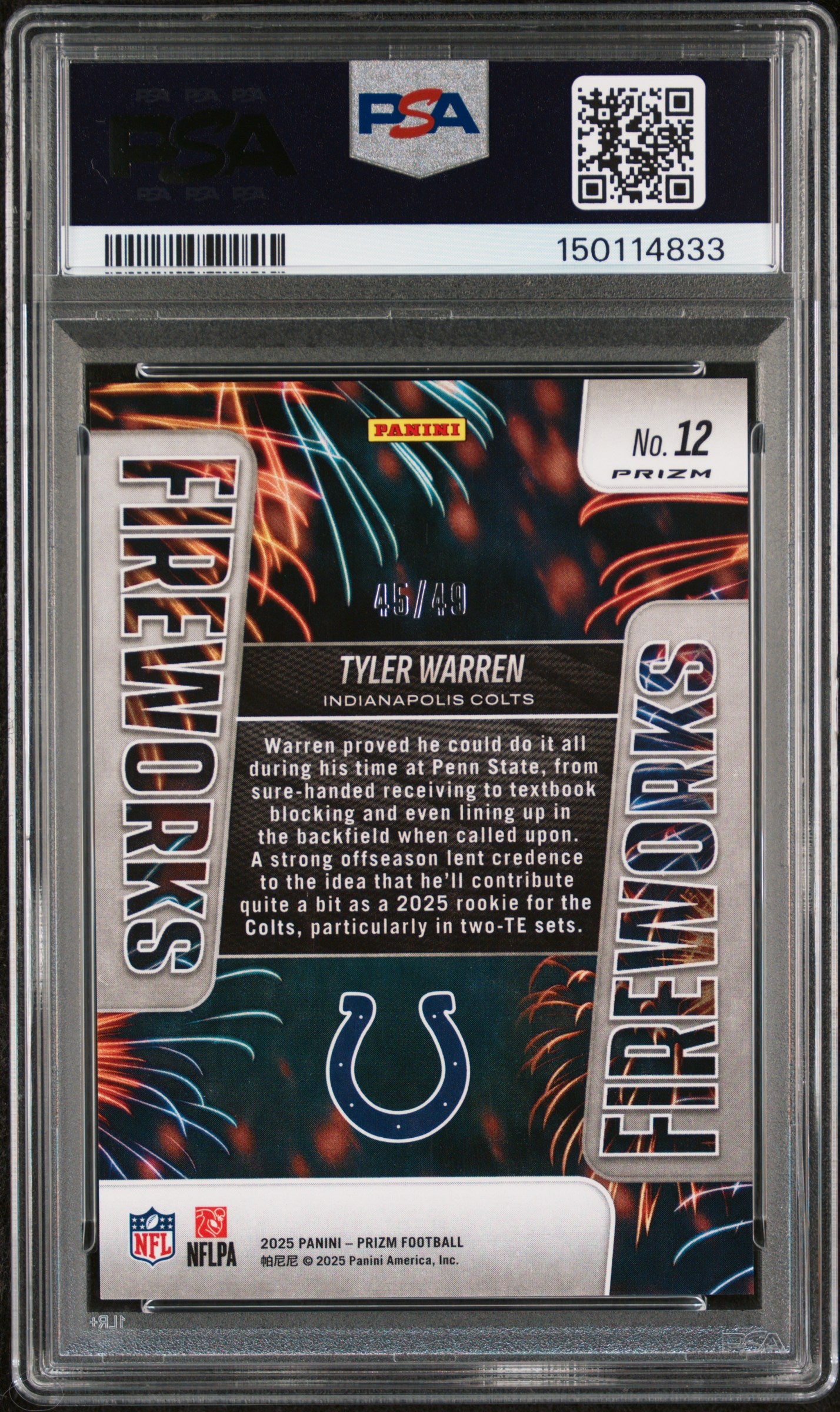 Tyler Warren RC 2025 Panini Prizm Purple Power Fireworks Rookie SP 45/49 PSA 10