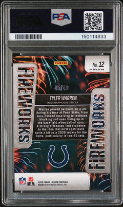 Tyler Warren RC 2025 Panini Prizm Purple Power Fireworks Rookie SP 45/49 PSA 10-2
