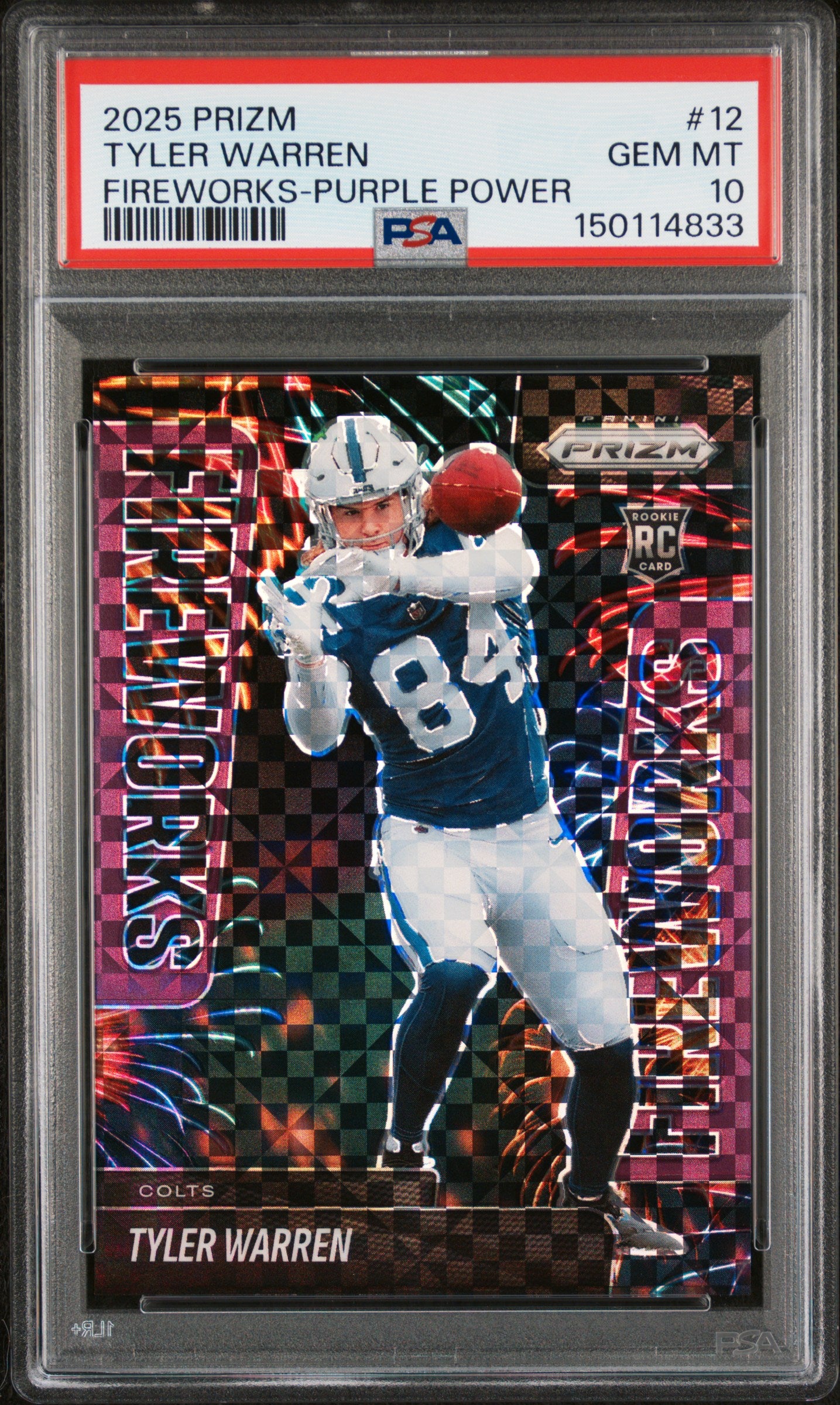 Tyler Warren RC 2025 Panini Prizm Purple Power Fireworks Rookie SP 45/49 PSA 10