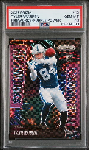 Tyler Warren RC 2025 Panini Prizm Purple Power Fireworks Rookie SP 45/49 PSA 10