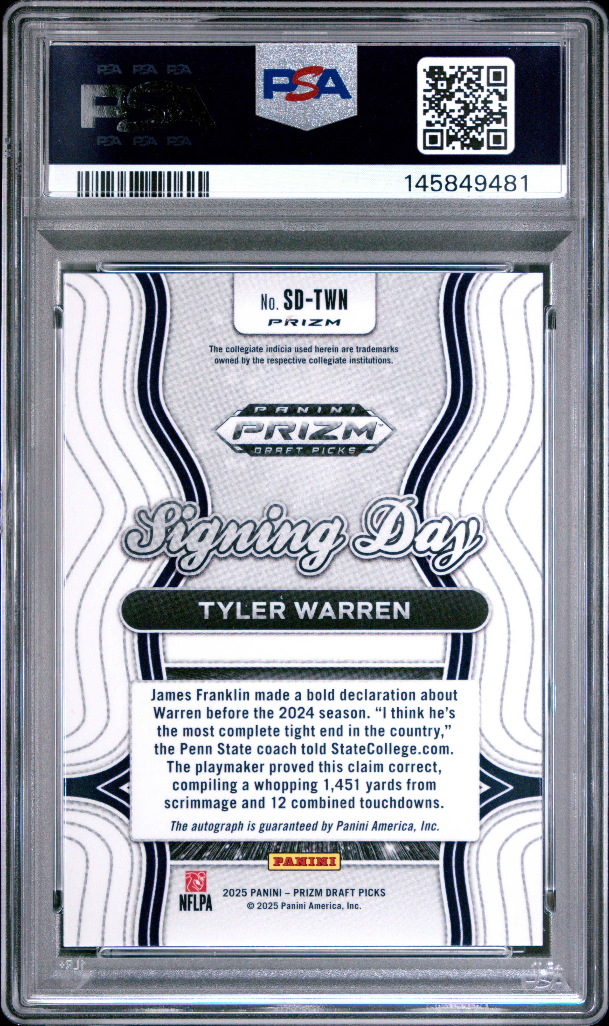 Tyler Warren RC 2025 Panini Prizm Draft Silver Signing Day Rookie Auto PSA 10