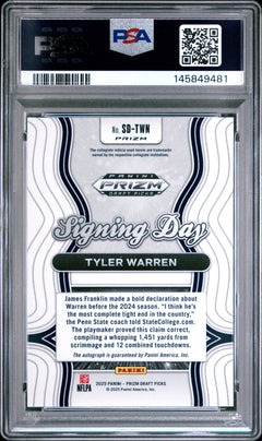 Tyler Warren RC 2025 Panini Prizm Draft Silver Signing Day Rookie Auto PSA 10-2