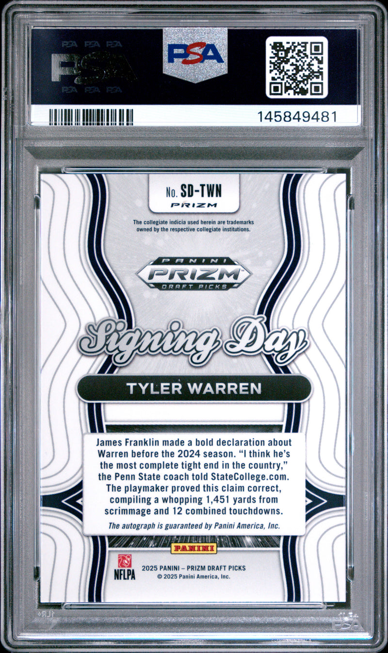 Tyler Warren RC 2025 Panini Prizm Draft Silver Signing Day Rookie Auto PSA 10-2
