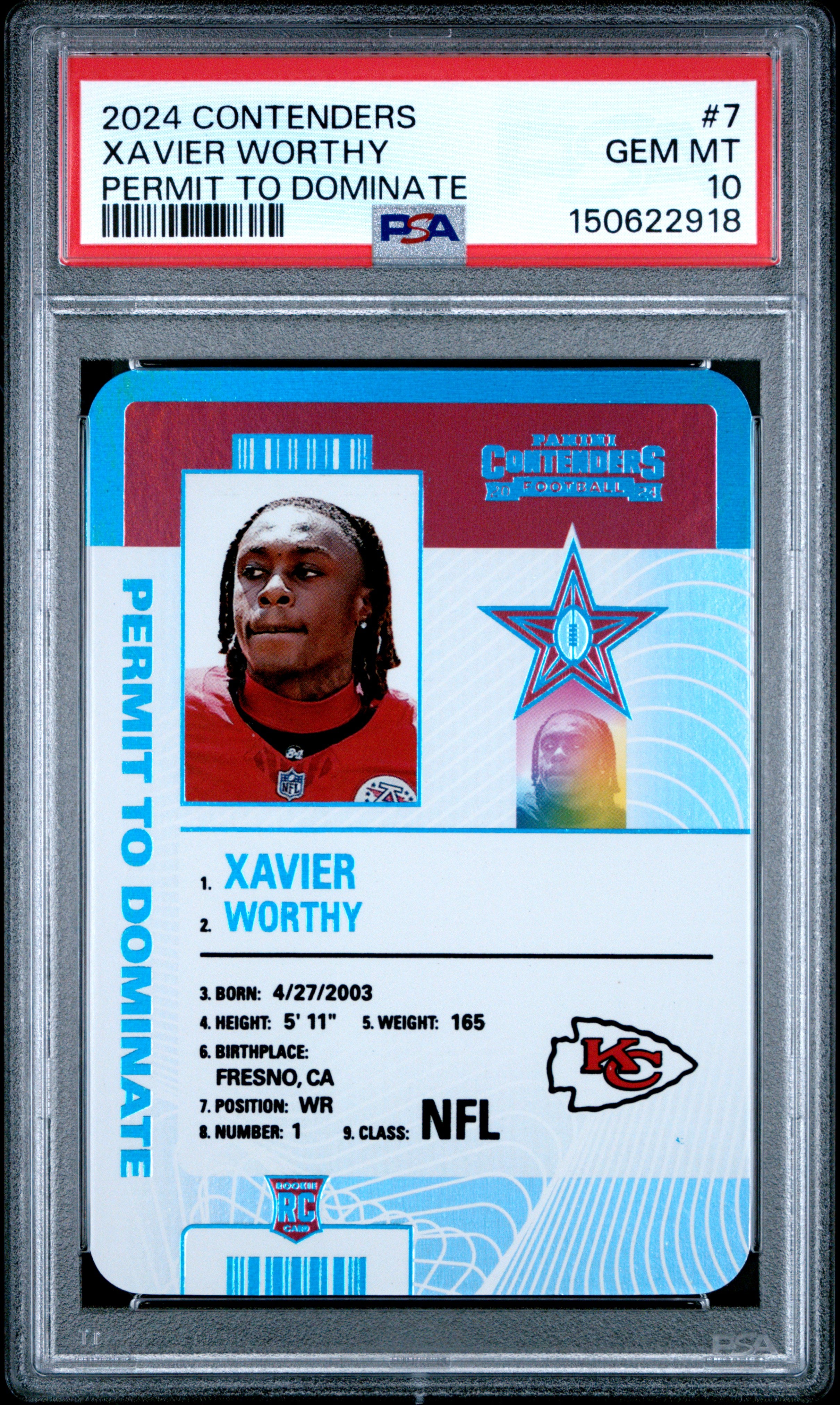 Xavier Worthy RC 2024 Panini Contenders Permit To Dominate Rookie SSP #7 PSA 10