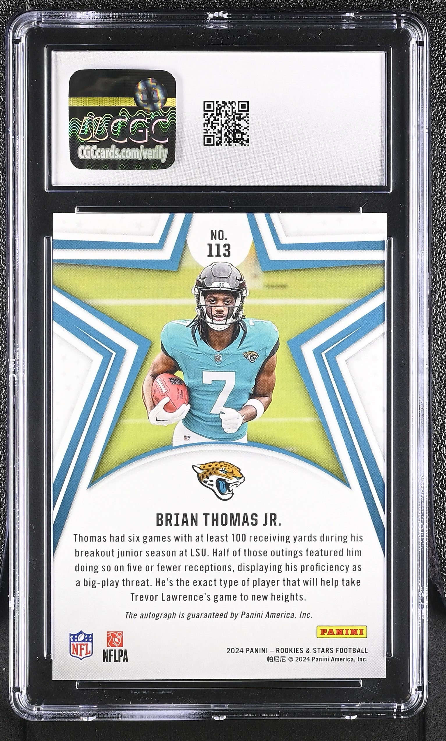 Brian Thomas Jr RC 2024 Panini Rookies & Stars Orange Rookie Auto SP 40/199 CGC 10