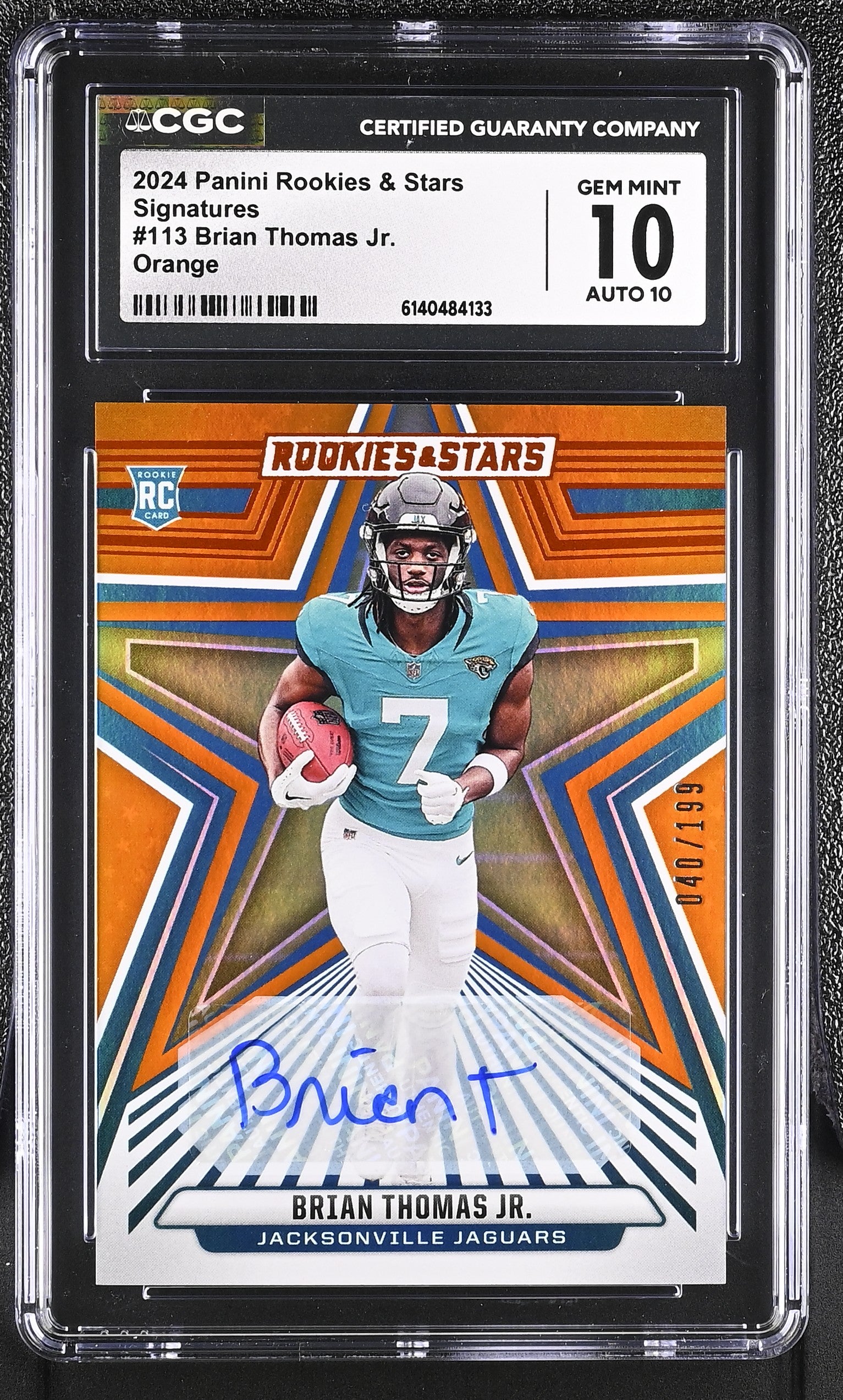 Brian Thomas Jr RC 2024 Panini Rookies & Stars Orange Rookie Auto SP 40/199 CGC 10
