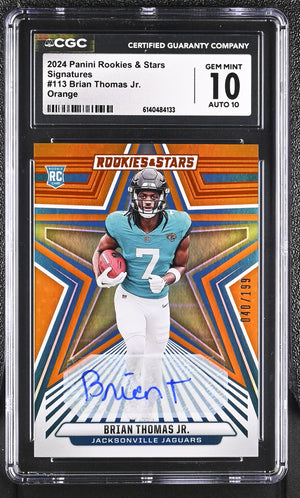 Brian Thomas Jr RC 2024 Panini Rookies & Stars Orange Rookie Auto SP 40/199 CGC 10