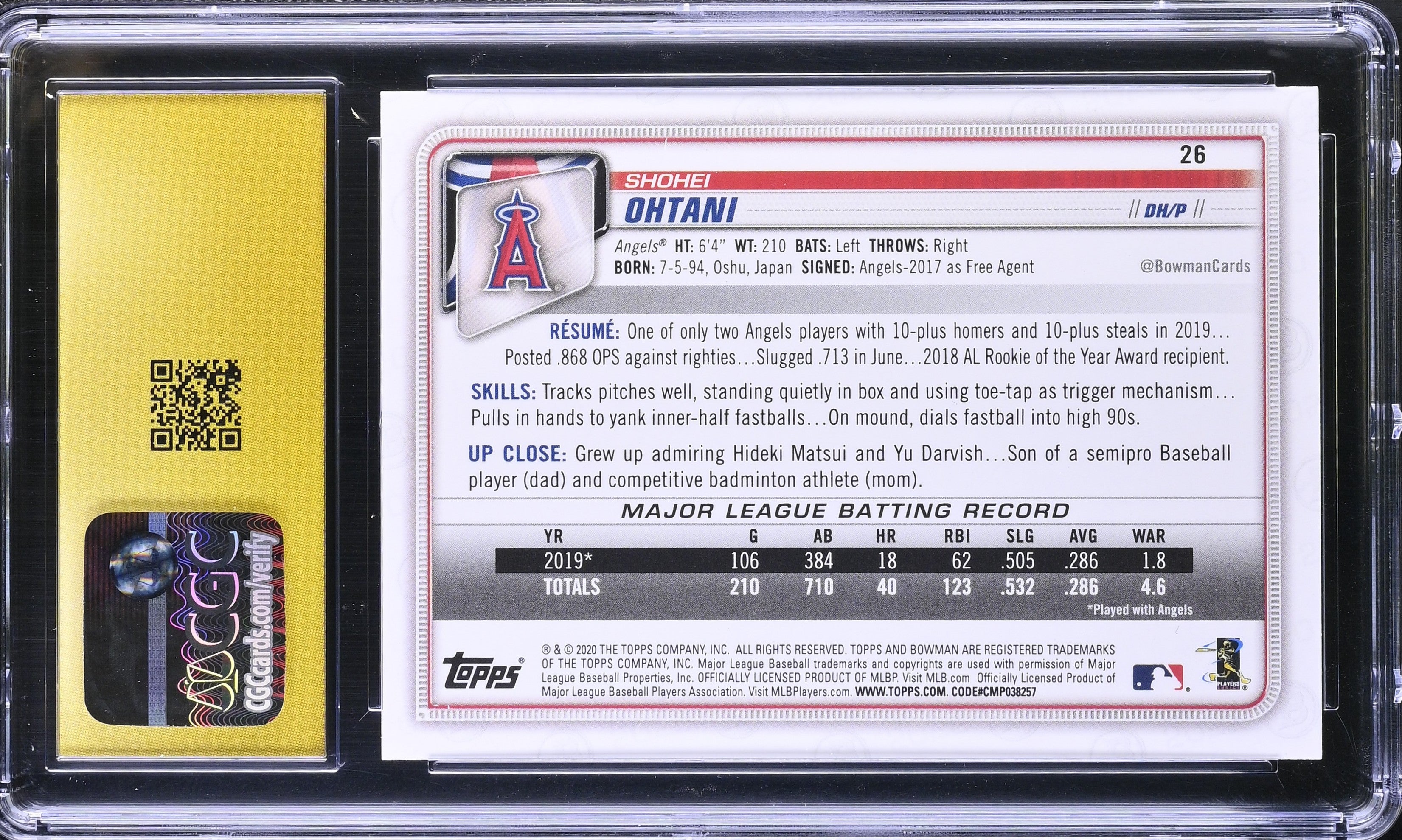 Shoehi Ohtani 2020 Bowman Paper #26 CGC 10 Pristine