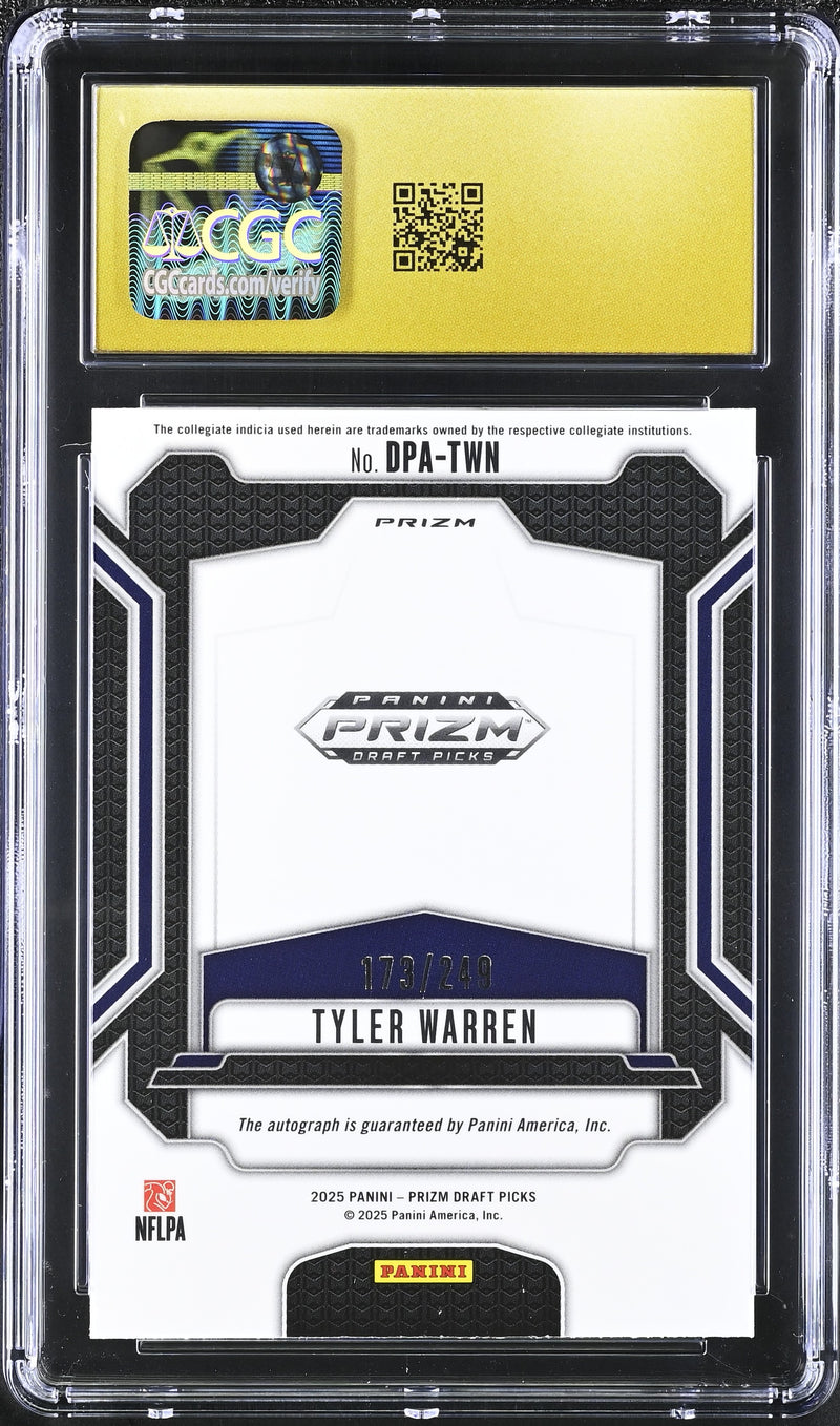 Tyler Warren RC 2025 Panini Prizm Draft Blue Rookie Auto SP 173/249 CGC 10 Pristine-2