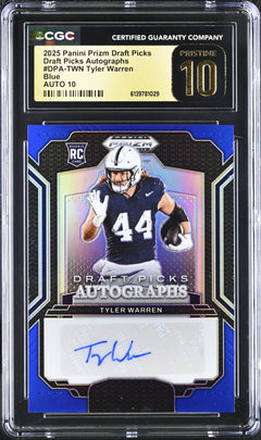Tyler Warren RC 2025 Panini Prizm Draft Blue Rookie Auto SP 173/249 CGC 10 Pristine-1