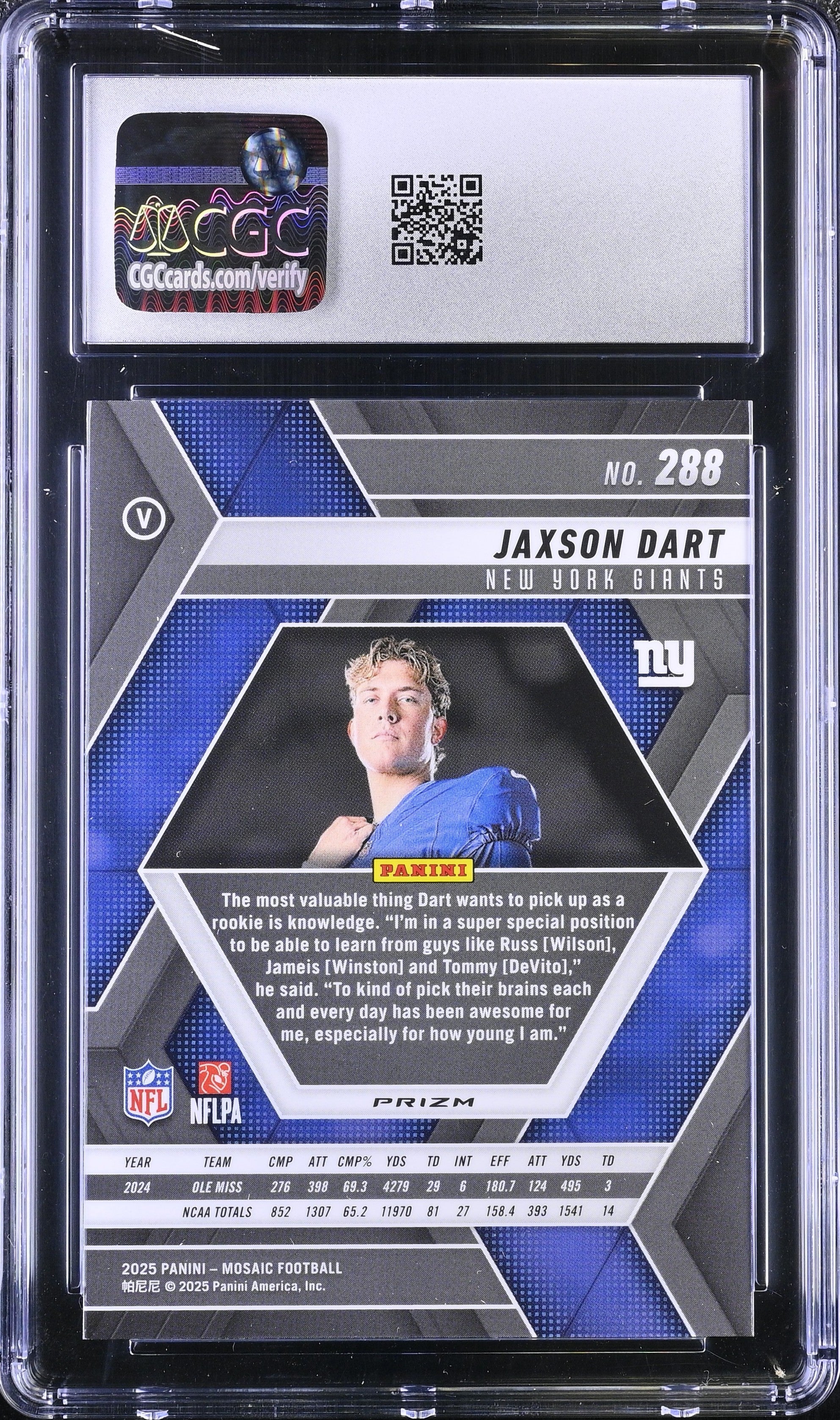 Jaxson Dart RC 2025 Panini Mosaic Purple Reactive Variation Rookie #288 CGC 10