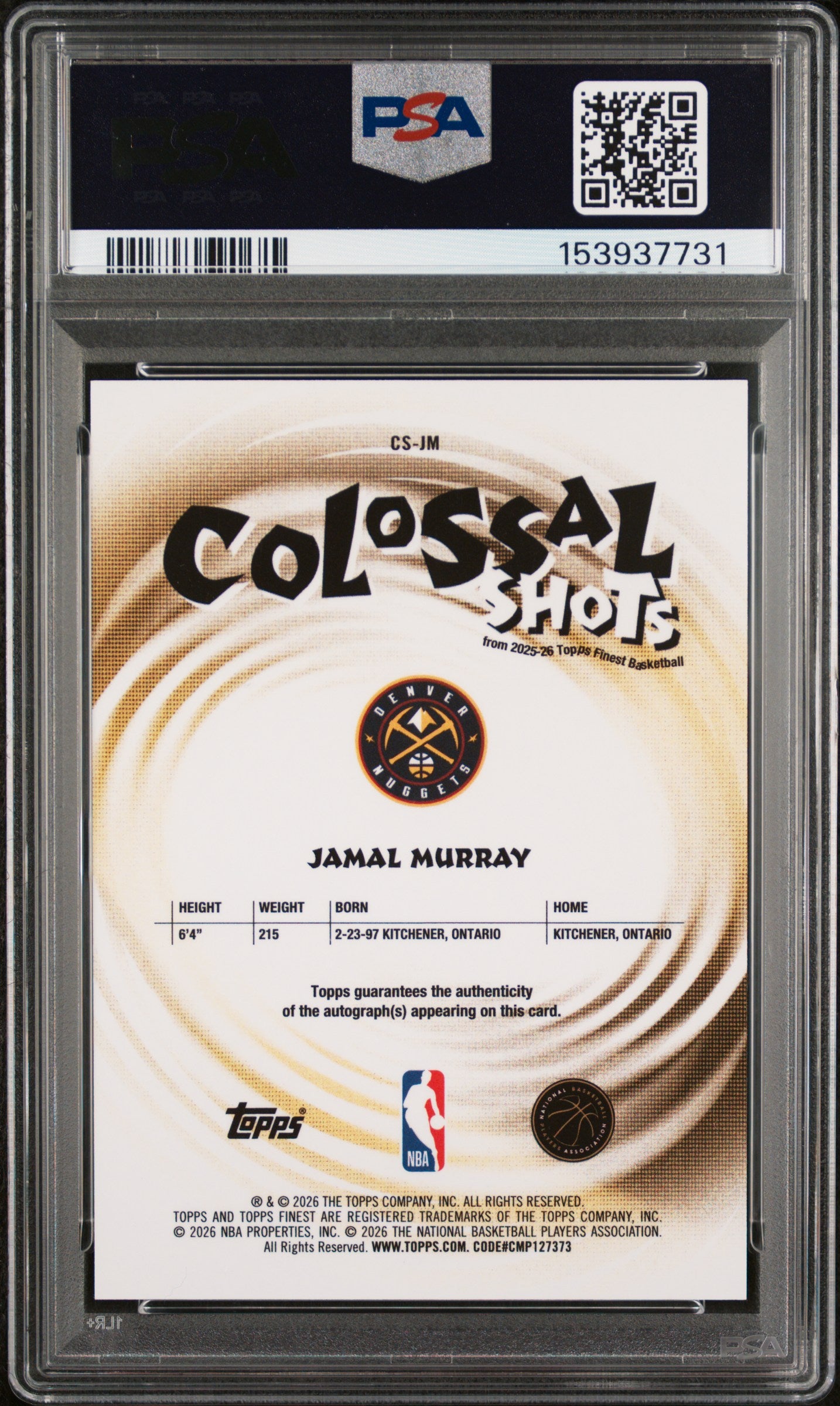Jamal Murray 2025-26 Topps Finest Black Geometric Colossal Shots Auto SP 20/25 PSA 9-2
