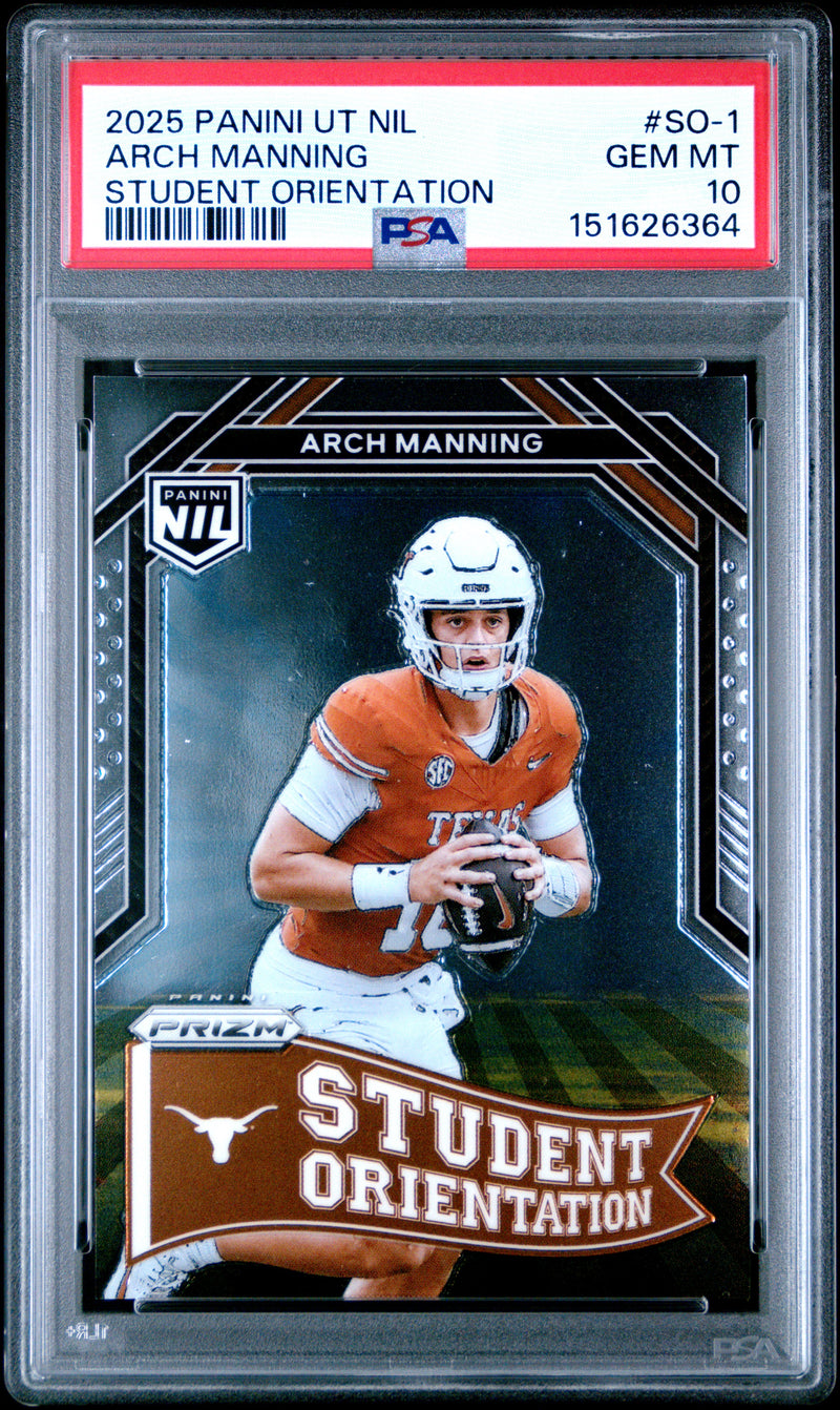 Arch Manning RC 2025 Panini UT Prizm Student Orientation Rookie PSA 10-1