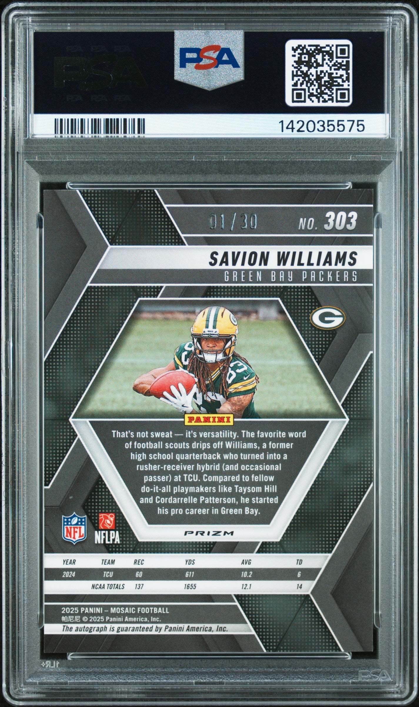 Savion Williams RC 2025 Panini Mosaic Green Spectris FOTL Rookie Auto SP 1/30 PSA 10-2