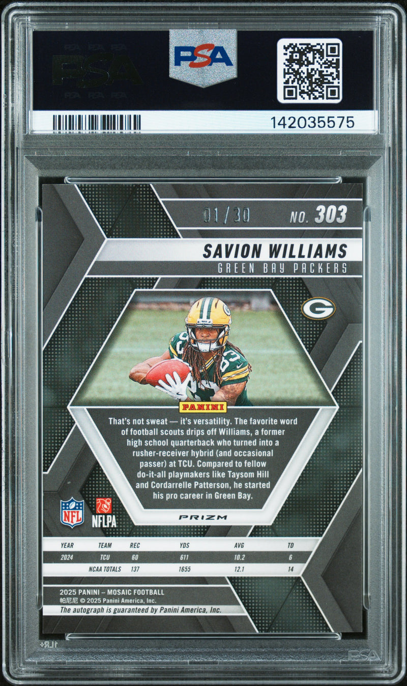 Savion Williams RC 2025 Panini Mosaic Green Spectris FOTL Rookie Auto SP 1/30 PSA 10-2