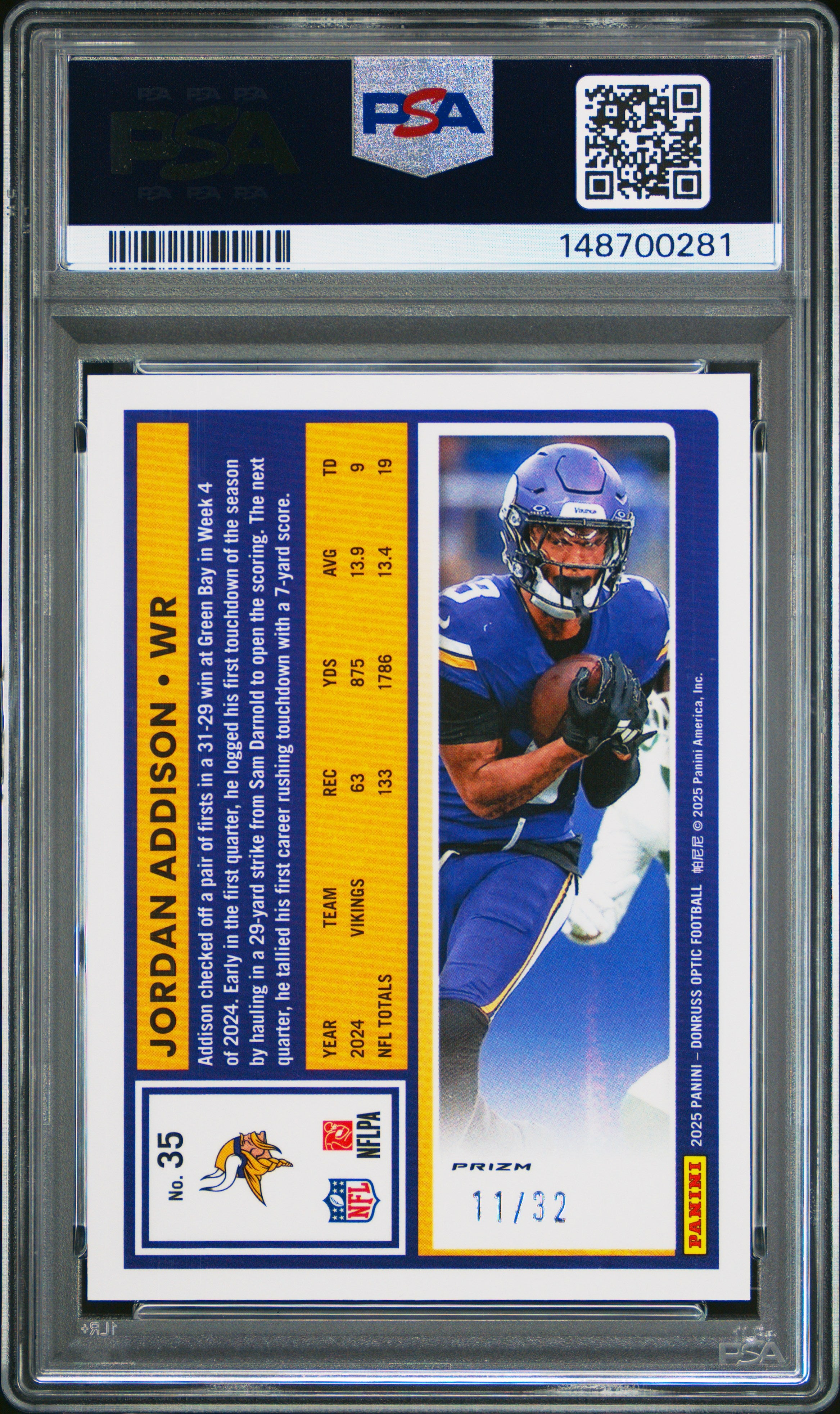 Jordan Addison 2025 Donruss Optic Team Logo Prizm SP 11/32 PSA 10