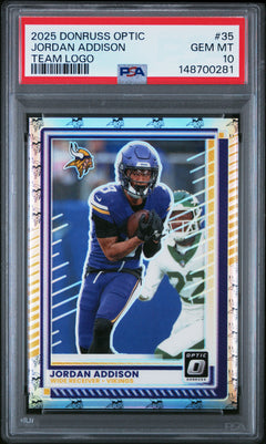 Jordan Addison 2025 Donruss Optic Team Logo Prizm SP 11/32 PSA 10-1