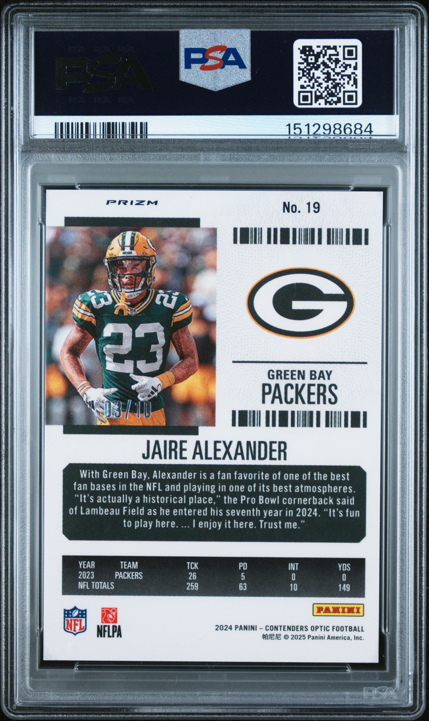 Jaire Alexander 2024 Contenders Optic Gold Season Ticket SP 3/10 PSA 10