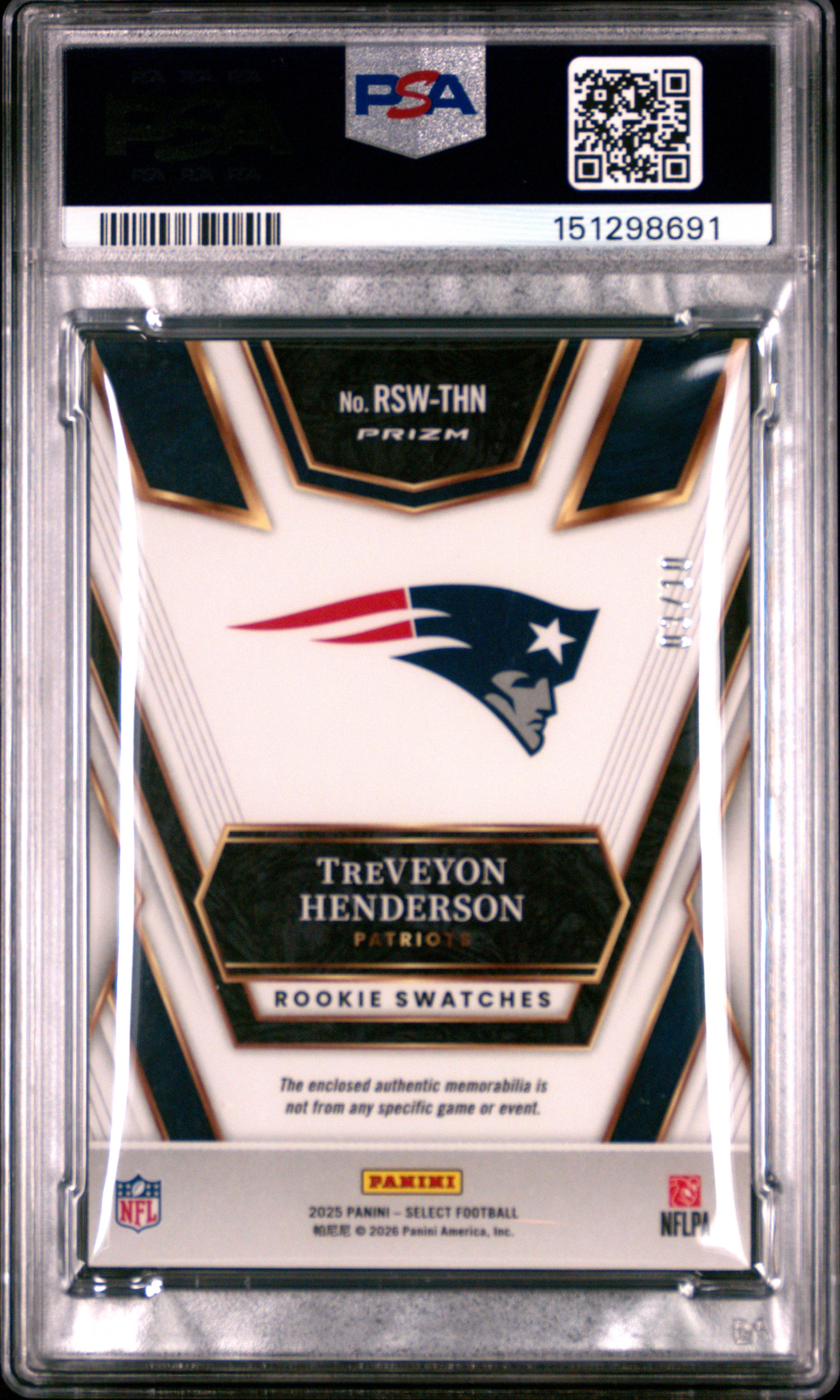 Treveyon Henderson RC 2025 Panini Select Gold Rookie Patch SP 3/10 PSA 9