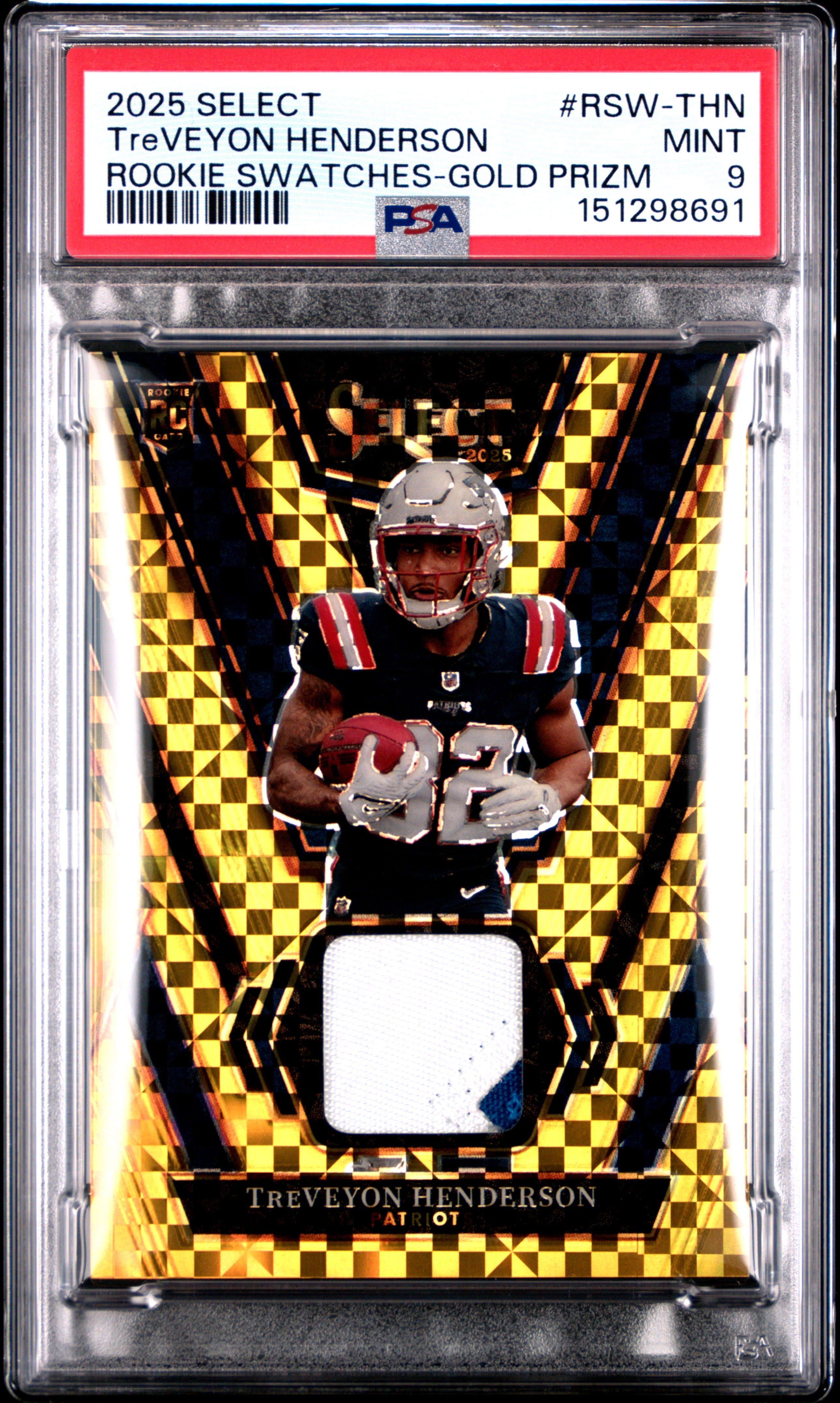 Treveyon Henderson RC 2025 Panini Select Gold Rookie Patch SP 3/10 PSA 9