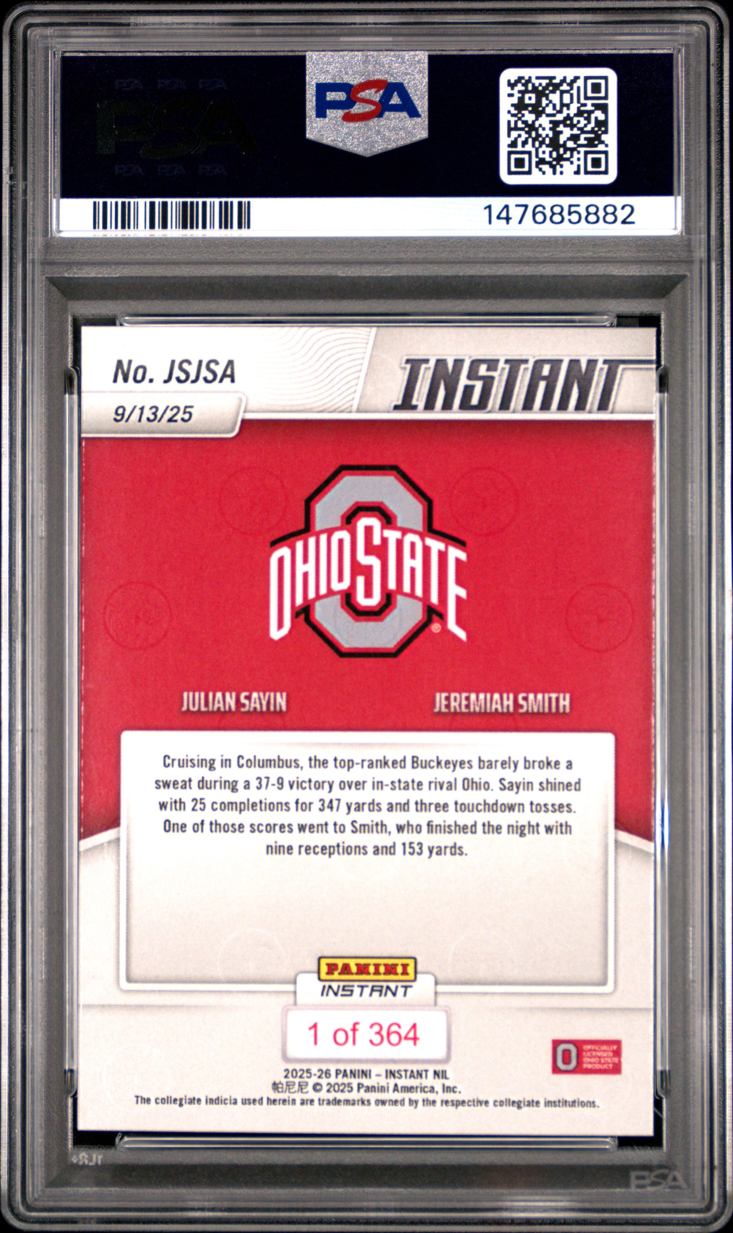 Julian Sayin Jeremiah Smith RC 2025 Panini Instant NIL Rookie SP /364 PSA 10