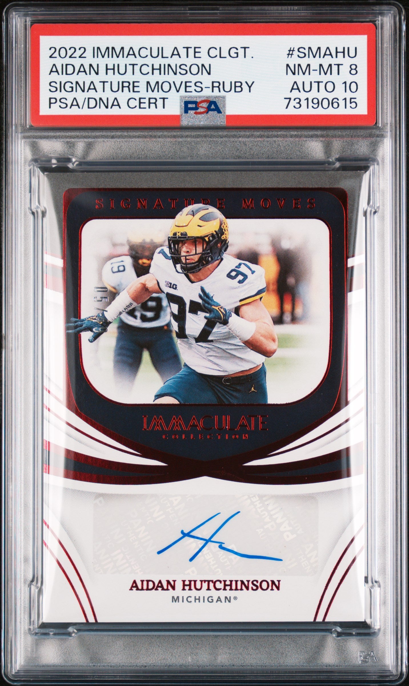 Aidan Hutchinson RC 2022 Immaculate Collegiate Red Signature Moves Rookie Auto SP 5/49 PSA 8-1