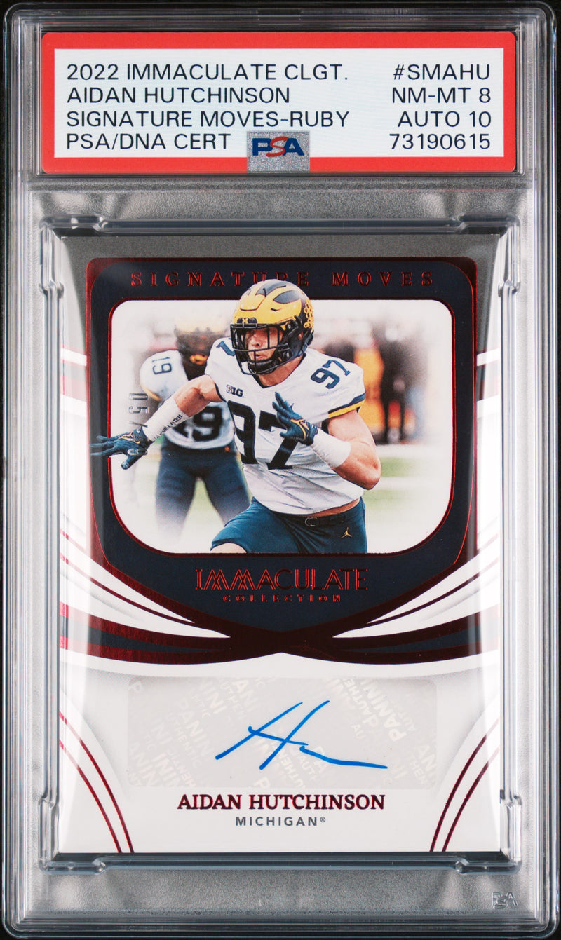 Aidan Hutchinson RC 2022 Immaculate Collegiate Red Signature Moves Rookie Auto SP 5/49 PSA 8-1