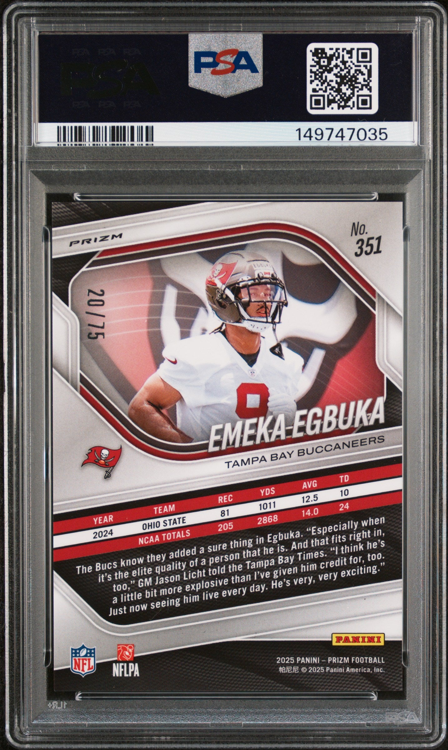 Emeka Egbuka RC 2025 Panini Prizm Green Scope Rookie SP 20/75 PSA 9