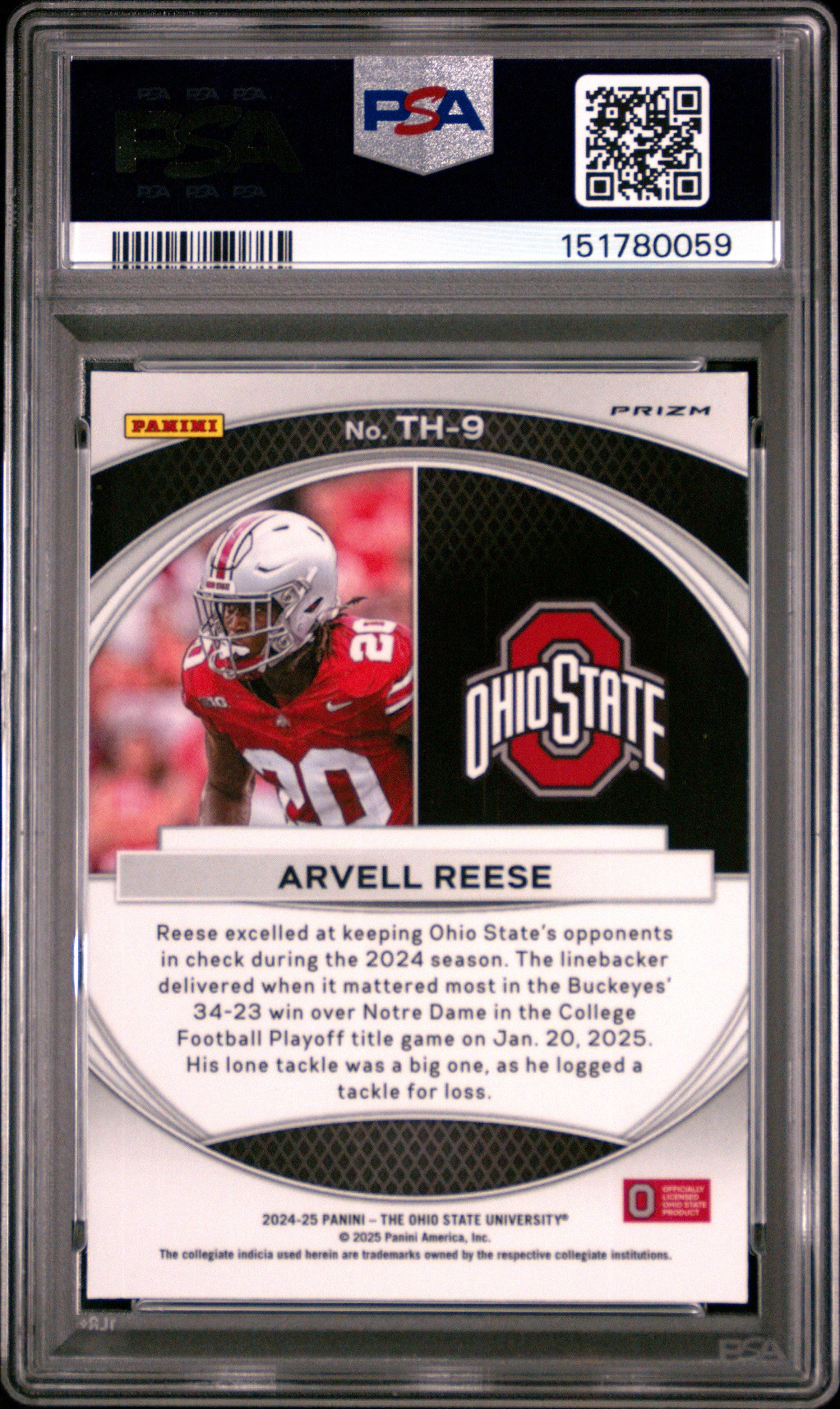 Arvell Reese RC 2024 Panini OSU Prizm White Sparkle Trophy Hunting Rookie SSP PSA 9