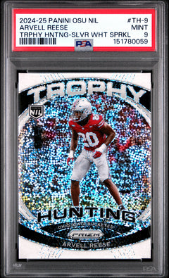 Arvell Reese RC 2024 Panini OSU Prizm White Sparkle Trophy Hunting Rookie SSP PSA 9-1