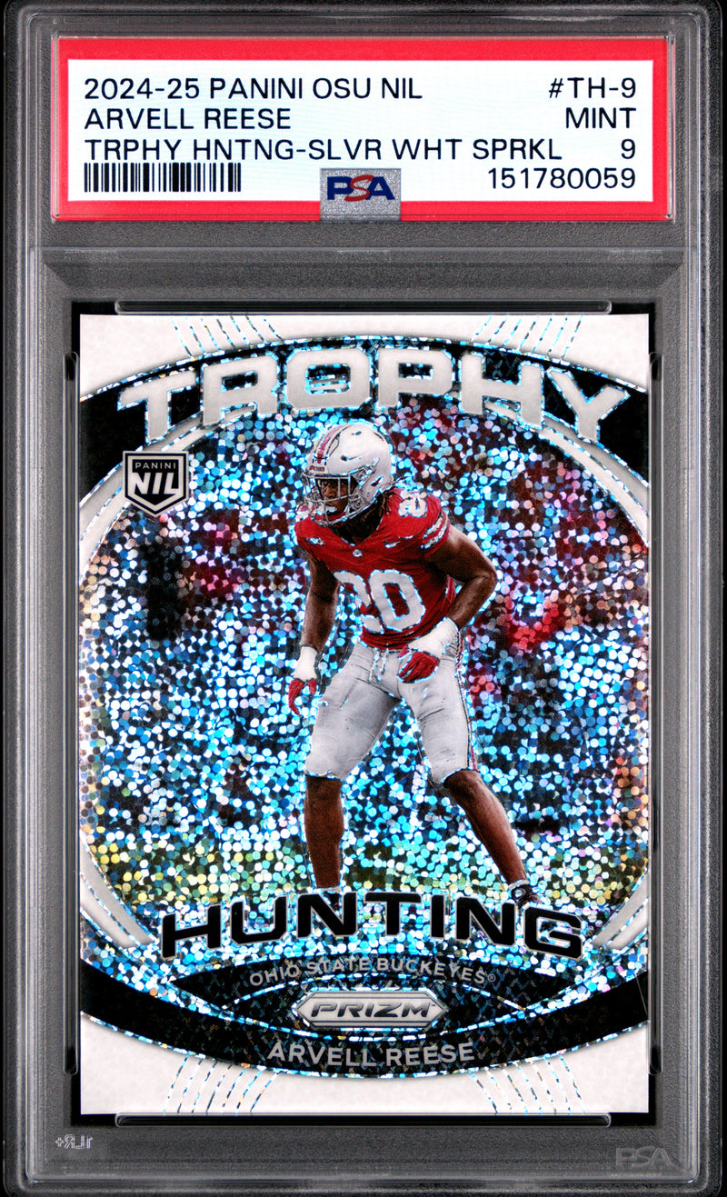 Arvell Reese RC 2024 Panini OSU Prizm White Sparkle Trophy Hunting Rookie SSP PSA 9-1