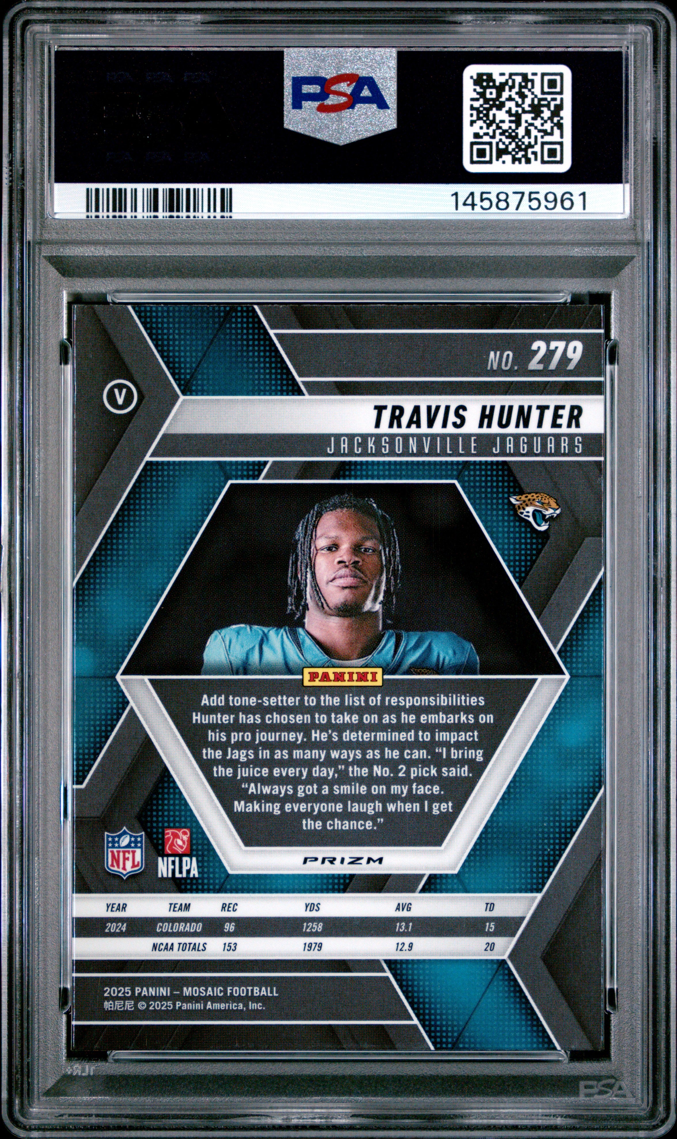 Travis Hunter RC 2025 Panini Mosaic Genesis Prizm Variation Rookie SSP #279 PSA 10
