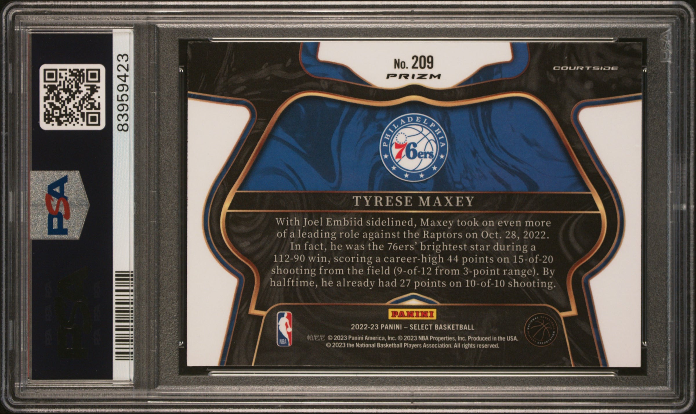 Tyrese Maxey 2022-23 Panini Select Courtside Zebra Prizm SSP #209 PSA 10