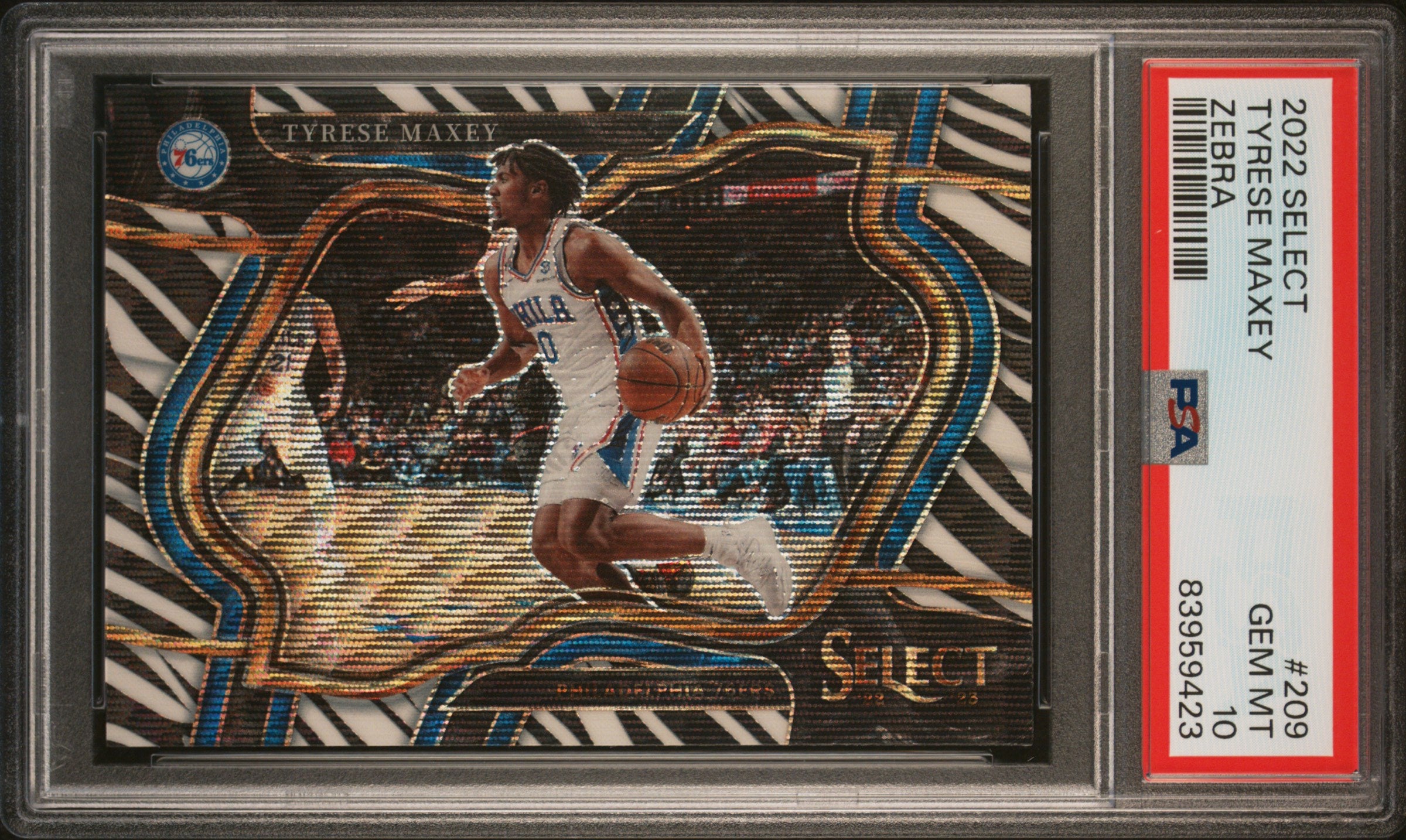 Tyrese Maxey 2022-23 Panini Select Courtside Zebra Prizm SSP #209 PSA 10