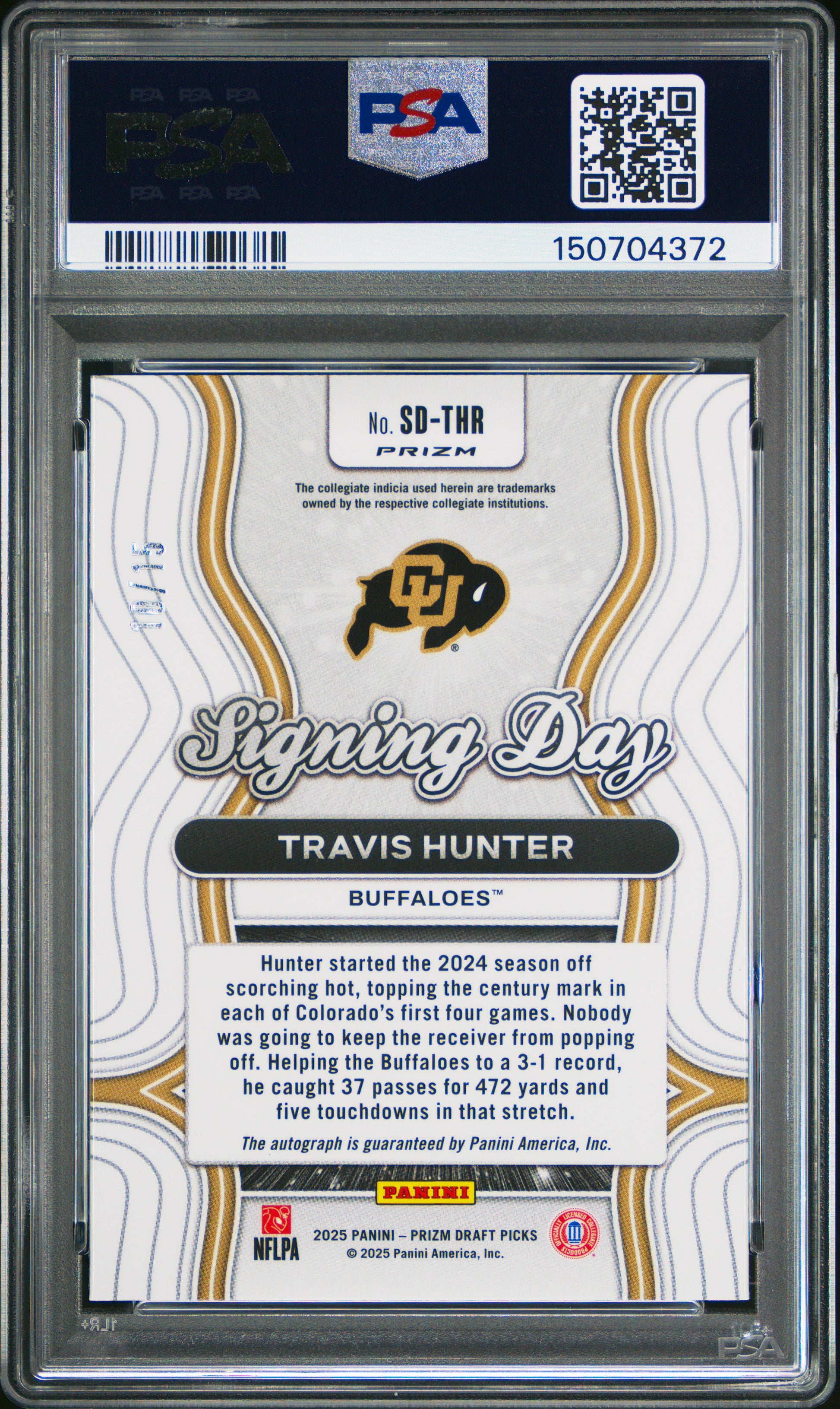 Travis Hunter RC 2025 Panini Prizm Draft Gold Shimmer Signing Day Rookie Auto SP 10/15 PSA 10-2