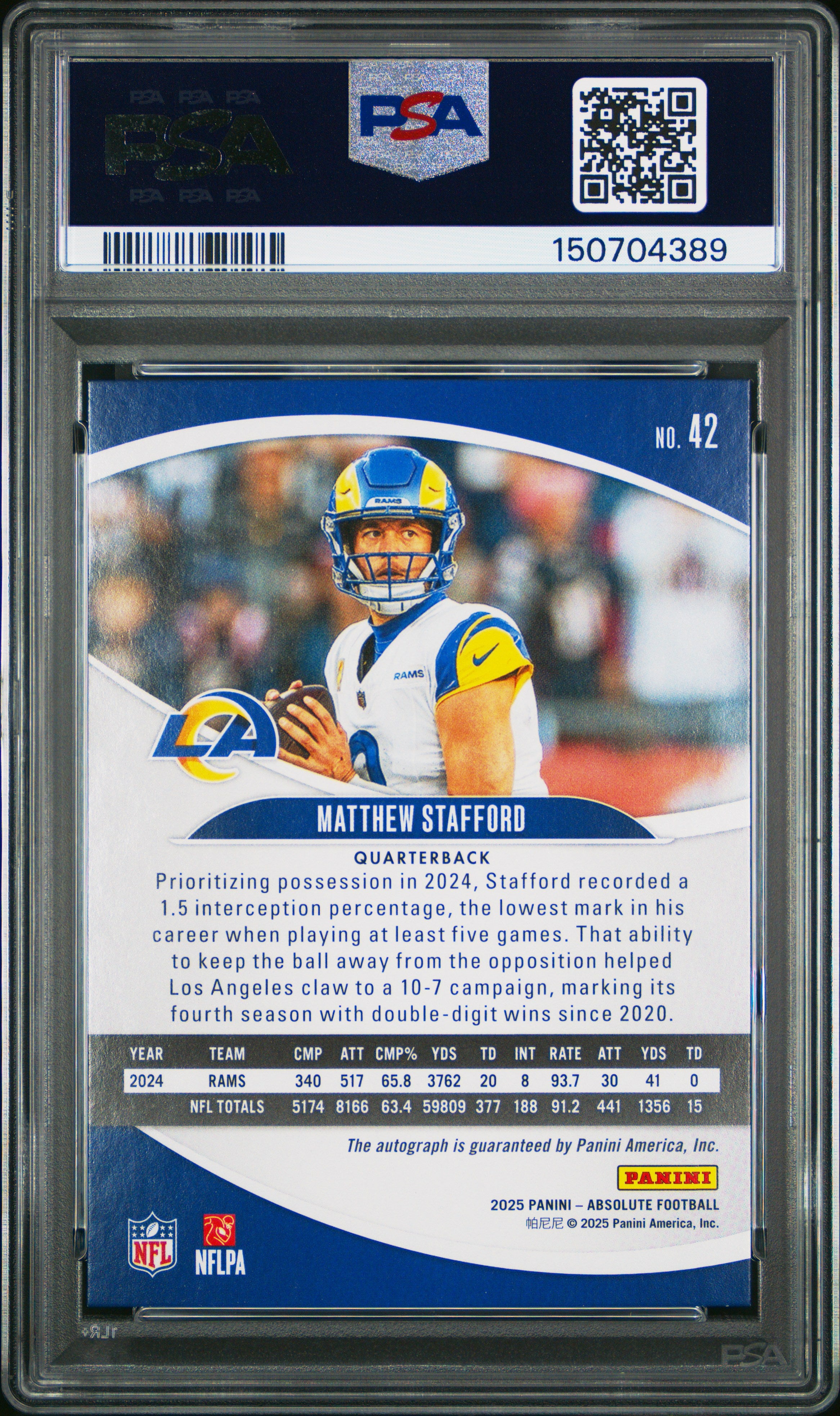 Matthew Stafford 2025 Panini Absolute Signature Auto #42 PSA 10