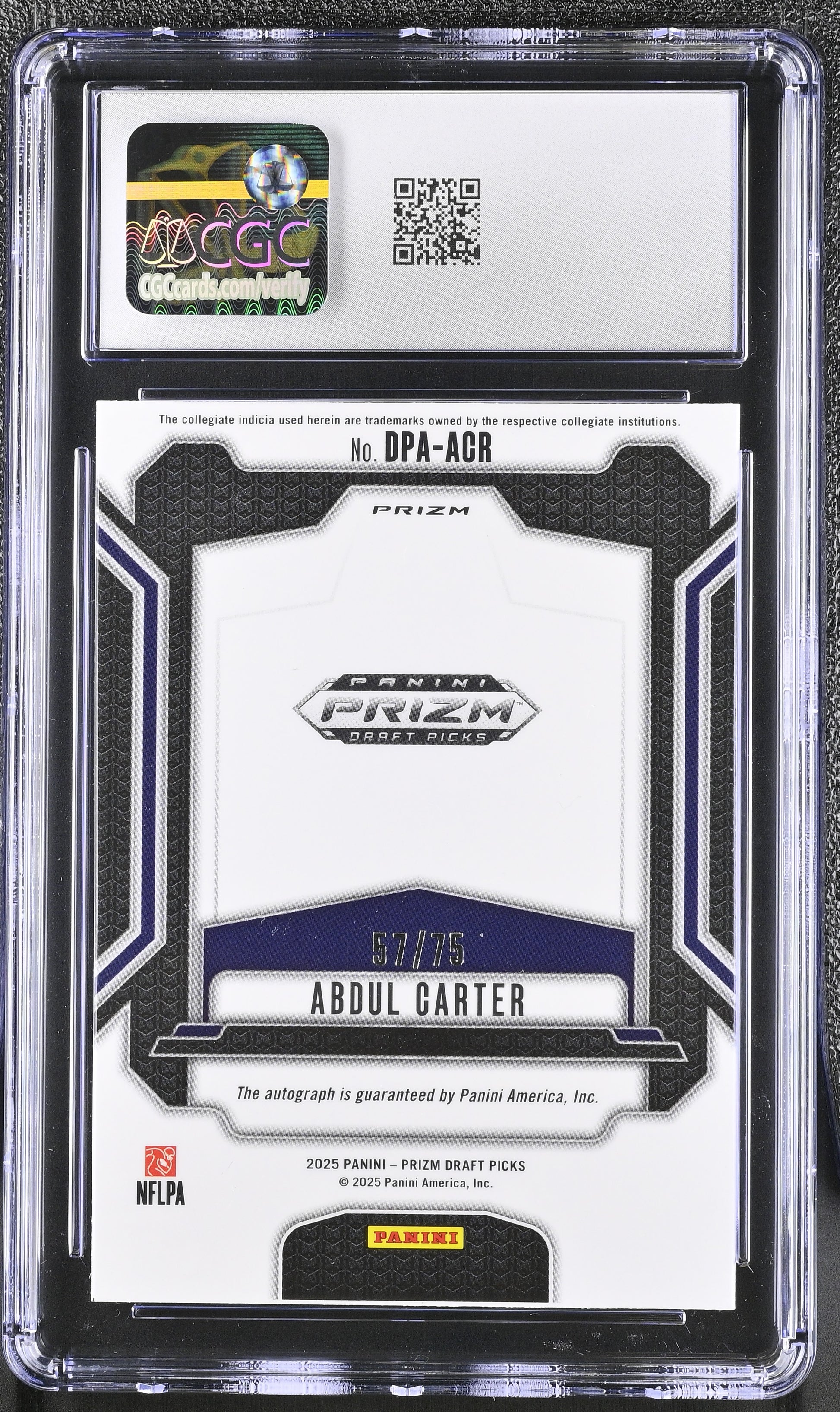 Abdul Carter RC 2025 Panini Prizm Draft Blue Rookie Auto SP 57/75 CGC 9-2