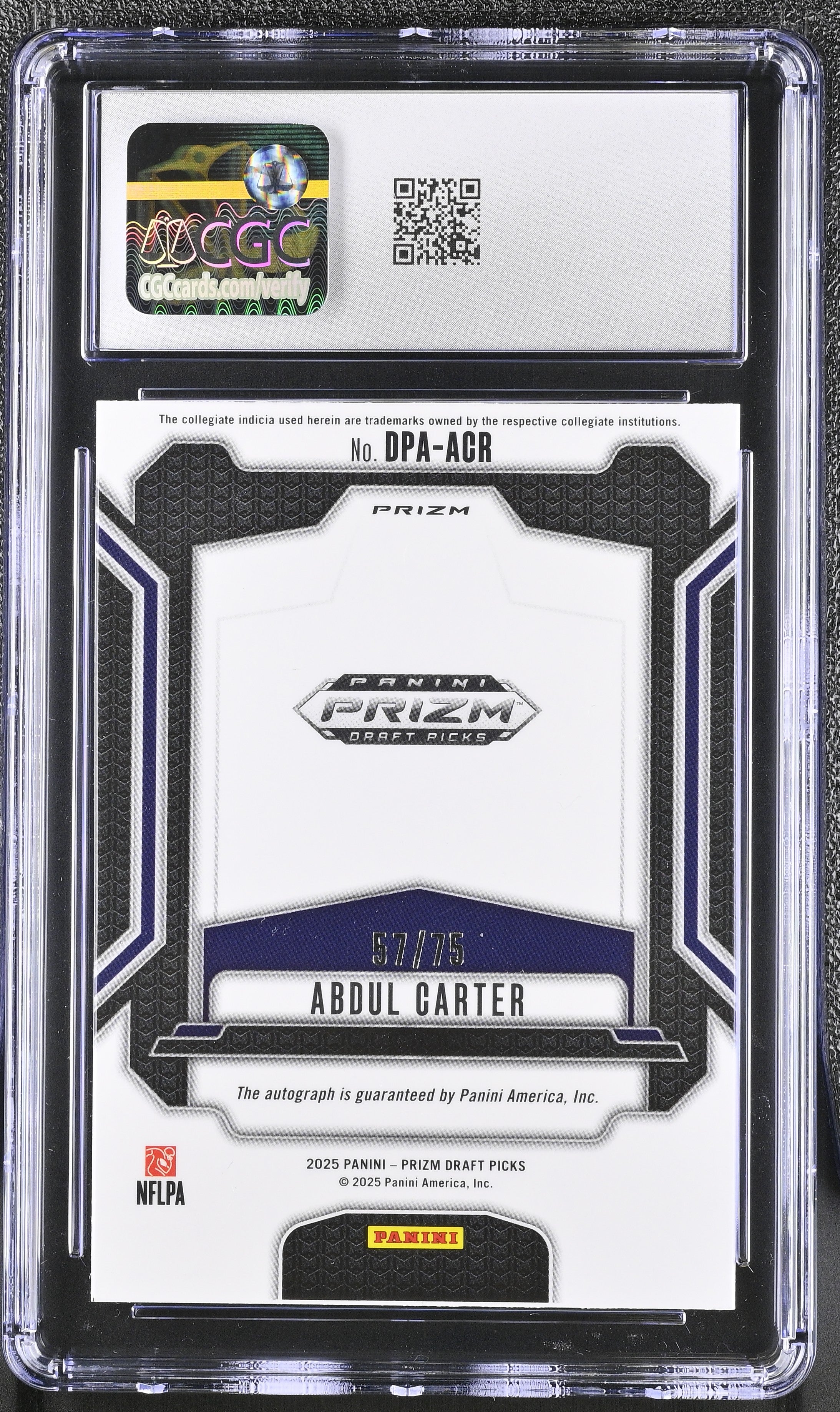 Abdul Carter RC 2025 Panini Prizm Draft Blue Rookie Auto SP 57/75 CGC 9