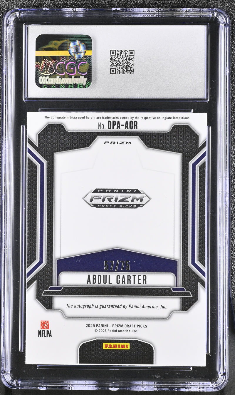 Abdul Carter RC 2025 Panini Prizm Draft Blue Rookie Auto SP 57/75 CGC 9-2