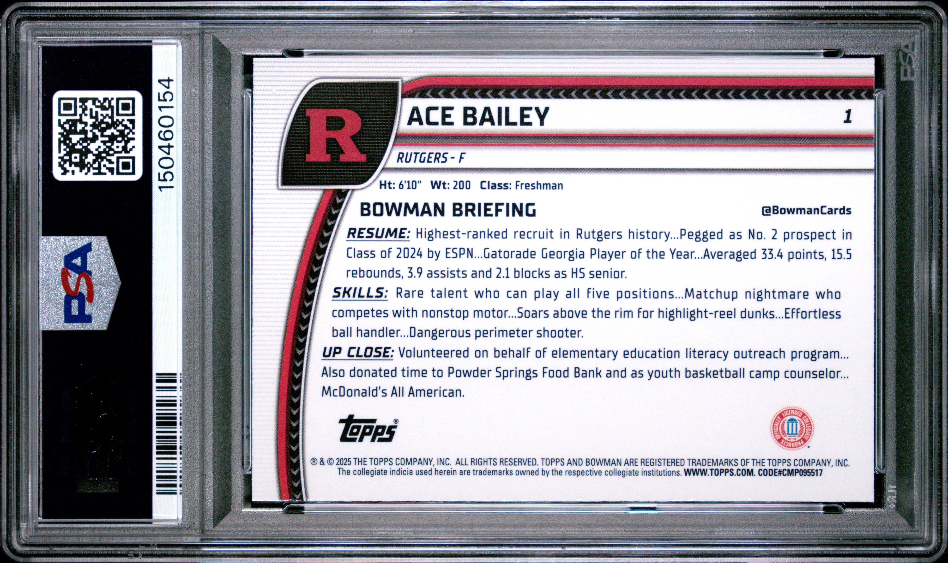 Ace Bailey RC 2024 Bowman U Chrome Sapphire Rookie #1 PSA 10