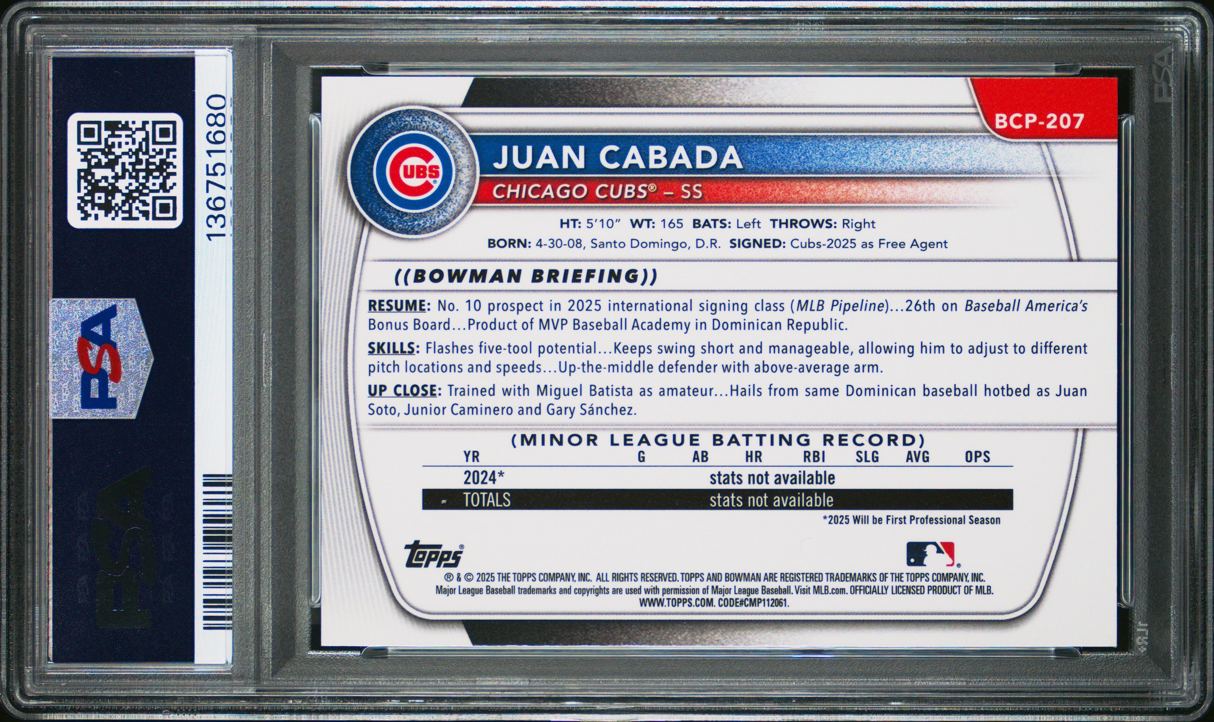 Juan Cabada RC 2025 1st Bowman Chrome Sapphire Prospect Rookie PSA 10