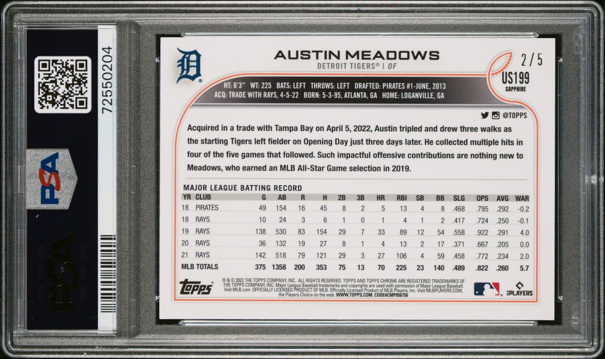 Austin Meadows 2022 Topps Chrome Update Sapphire Red SP 2/5 PSA 10-2