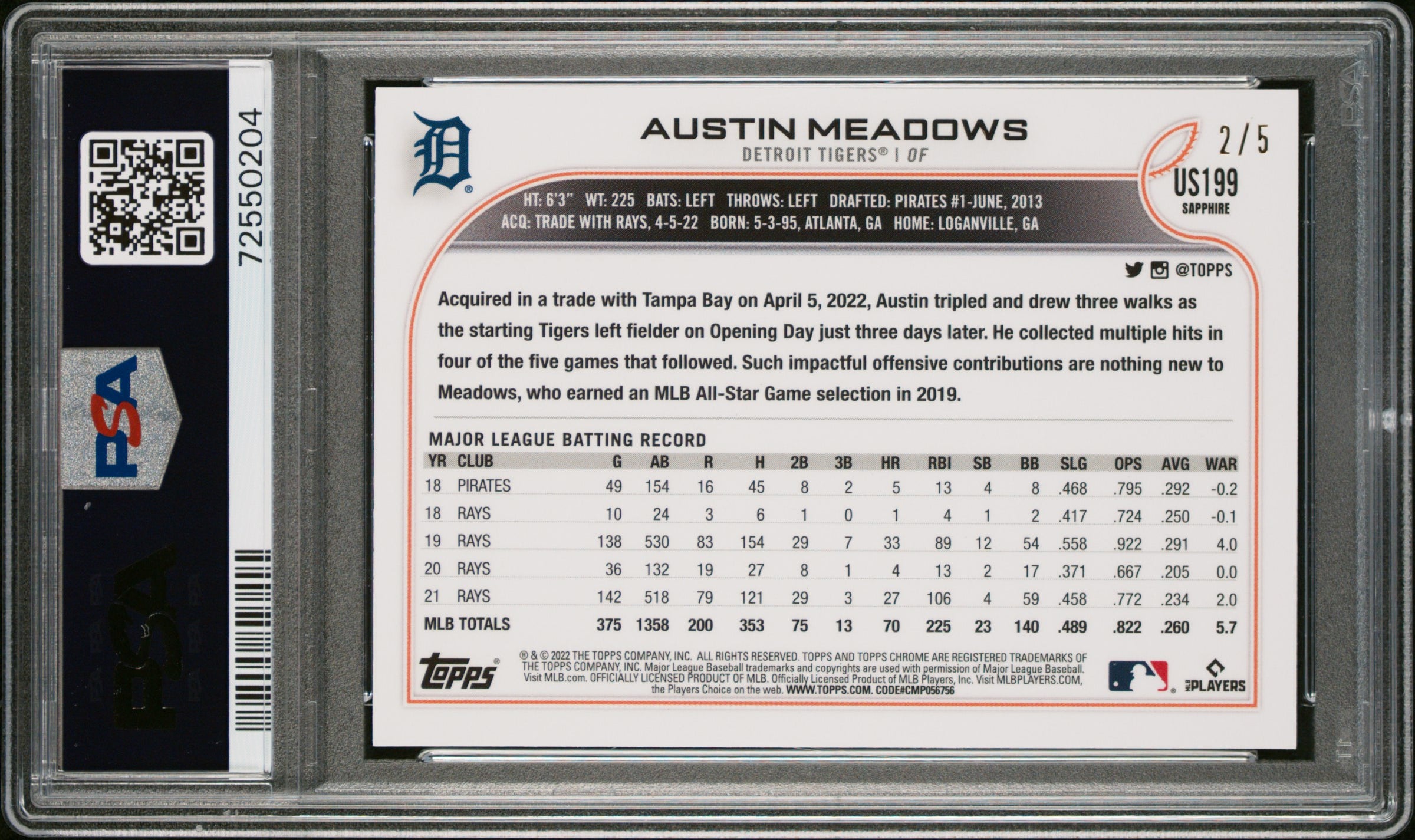 Austin Meadows 2022 Topps Chrome Update Sapphire Red SP 2/5 PSA 10