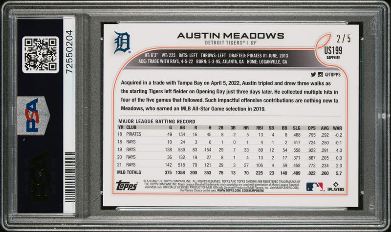 Austin Meadows 2022 Topps Chrome Update Sapphire Red SP 2/5 PSA 10-2
