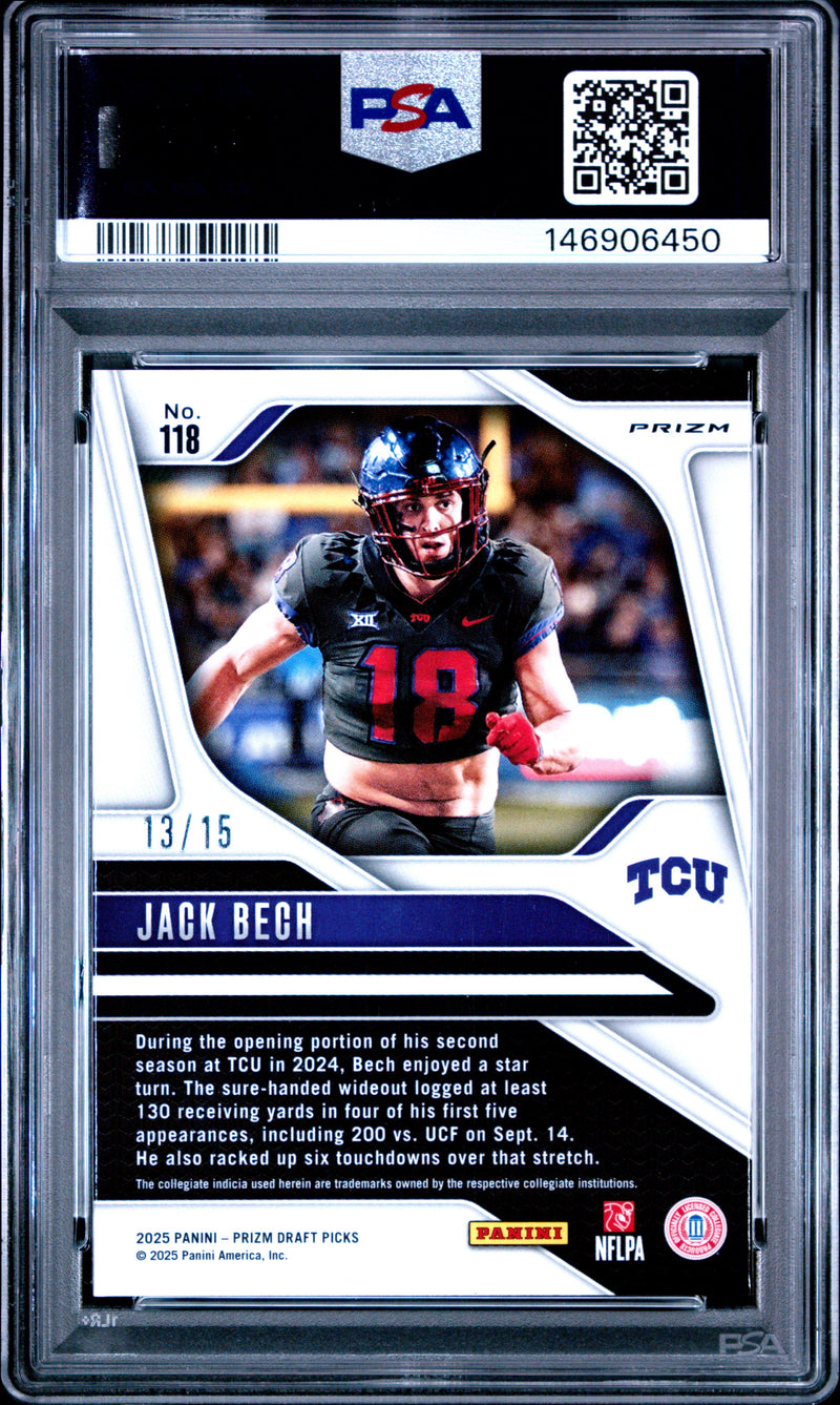 Jack Bech RC 2025 Panini Prizm Draft Gold Shimmer Rookie SP 13/15 PSA 9-2
