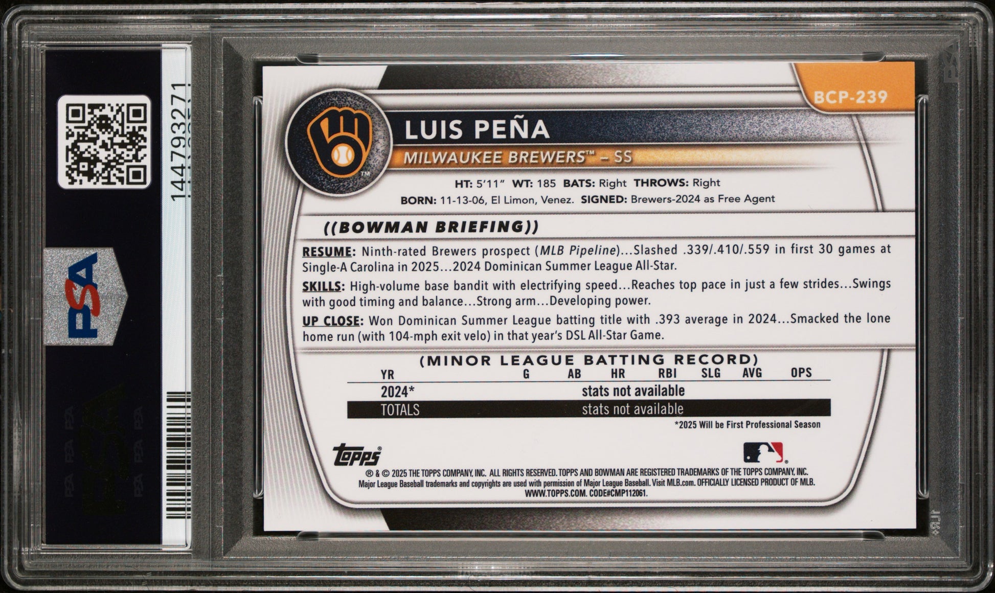 Luis Pena 2025 Bowman Chrome Gold Wave Refractor Prospect Rookie SP 20/50 PSA 8-2