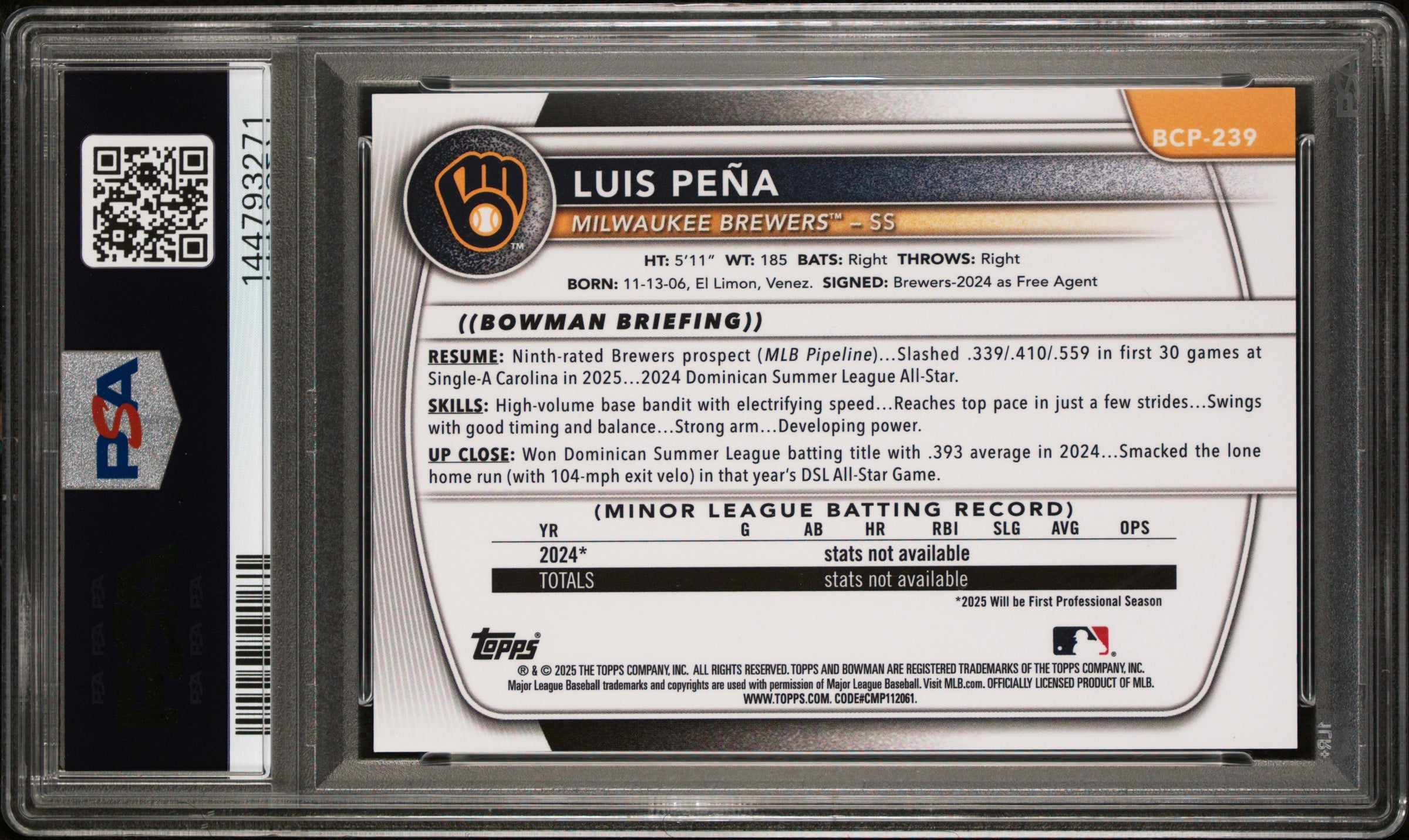 Luis Pena 2025 Bowman Chrome Gold Wave Refractor Prospect Rookie SP 20/50 PSA 8-2