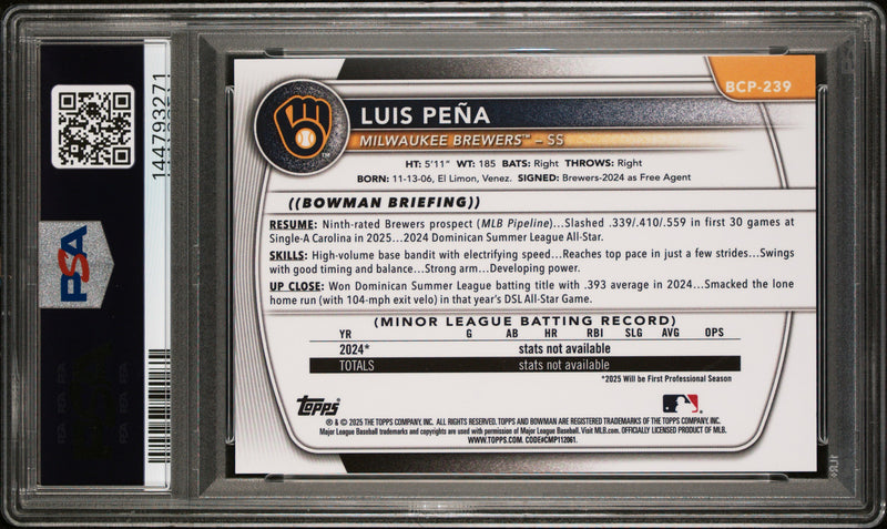 Luis Pena 2025 Bowman Chrome Gold Wave Refractor Prospect Rookie SP 20/50 PSA 8-2