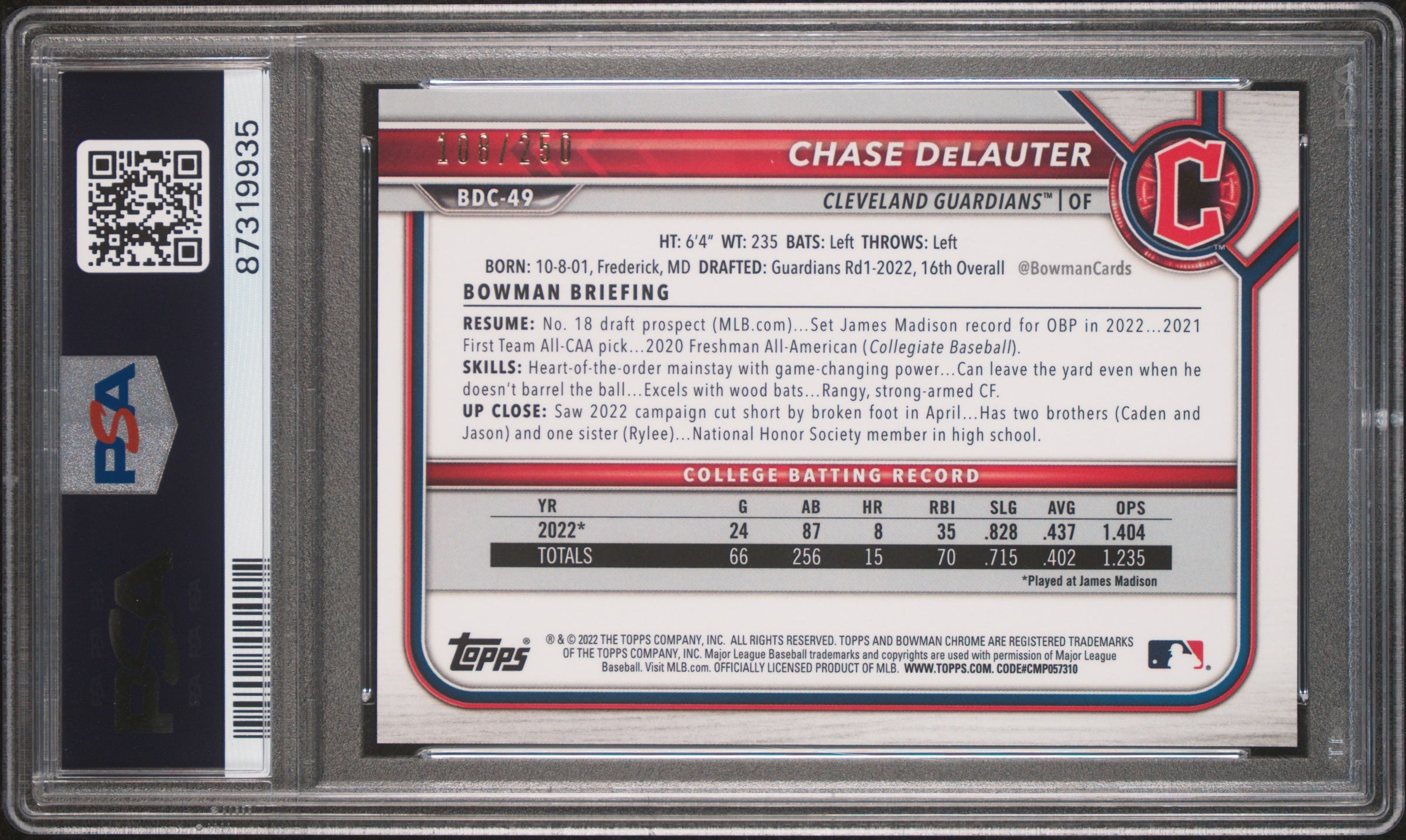 Chase Delauter RC 2022 1st Bowman Chrome Purple Prospect Rookie SP 108/250 PSA 10-2
